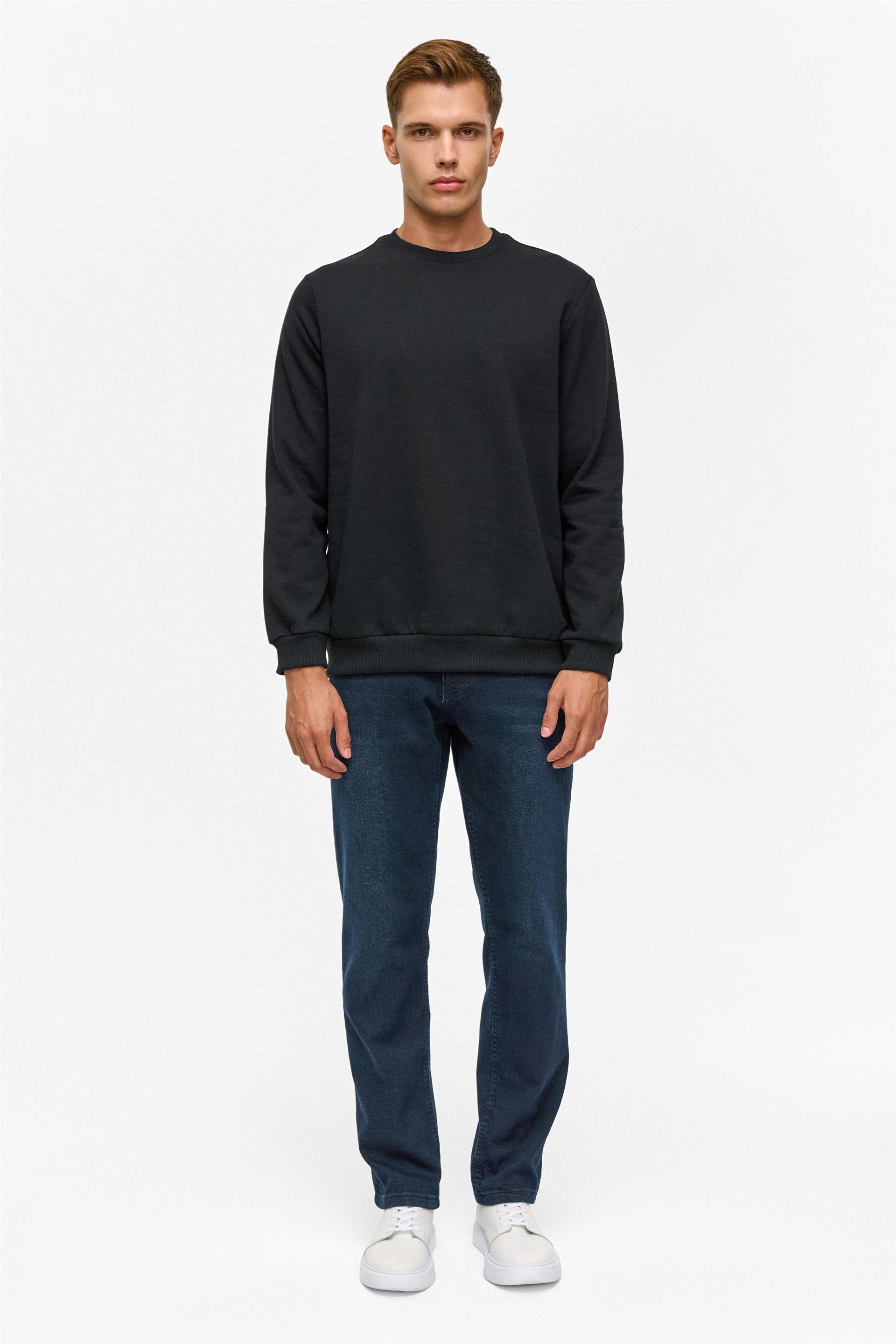 Siyah Regular Düz Bisiklet Yaka Sweatshirt