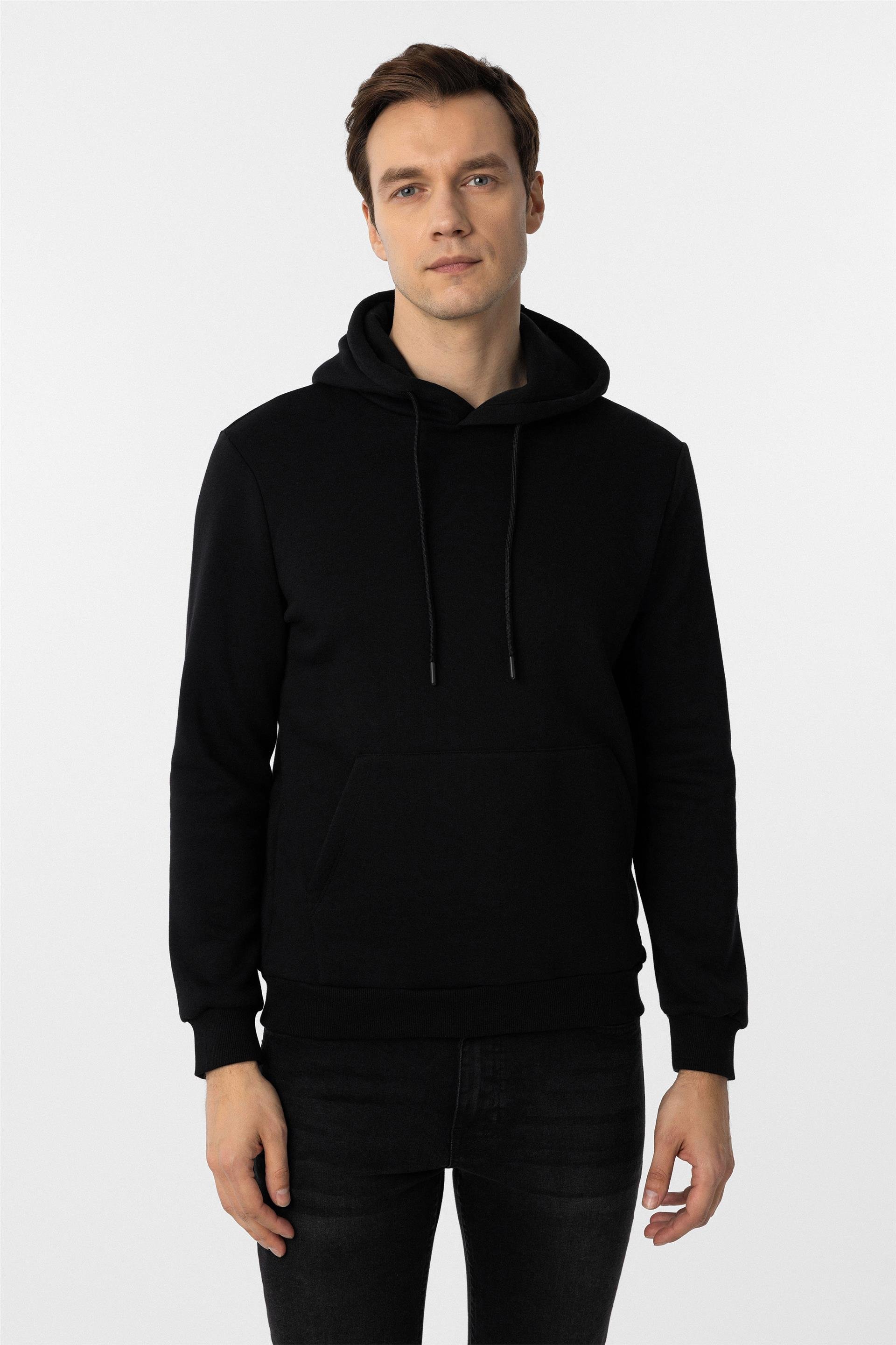 Siyah Regular Düz Kapişonlu Yaka Triko