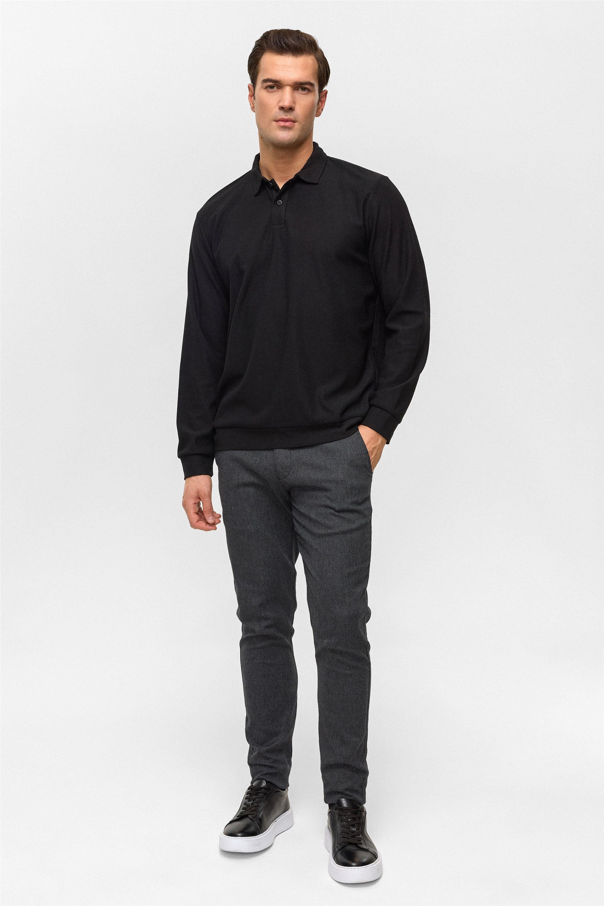 Siyah Regular Düz Polo Yaka Sweatshirt