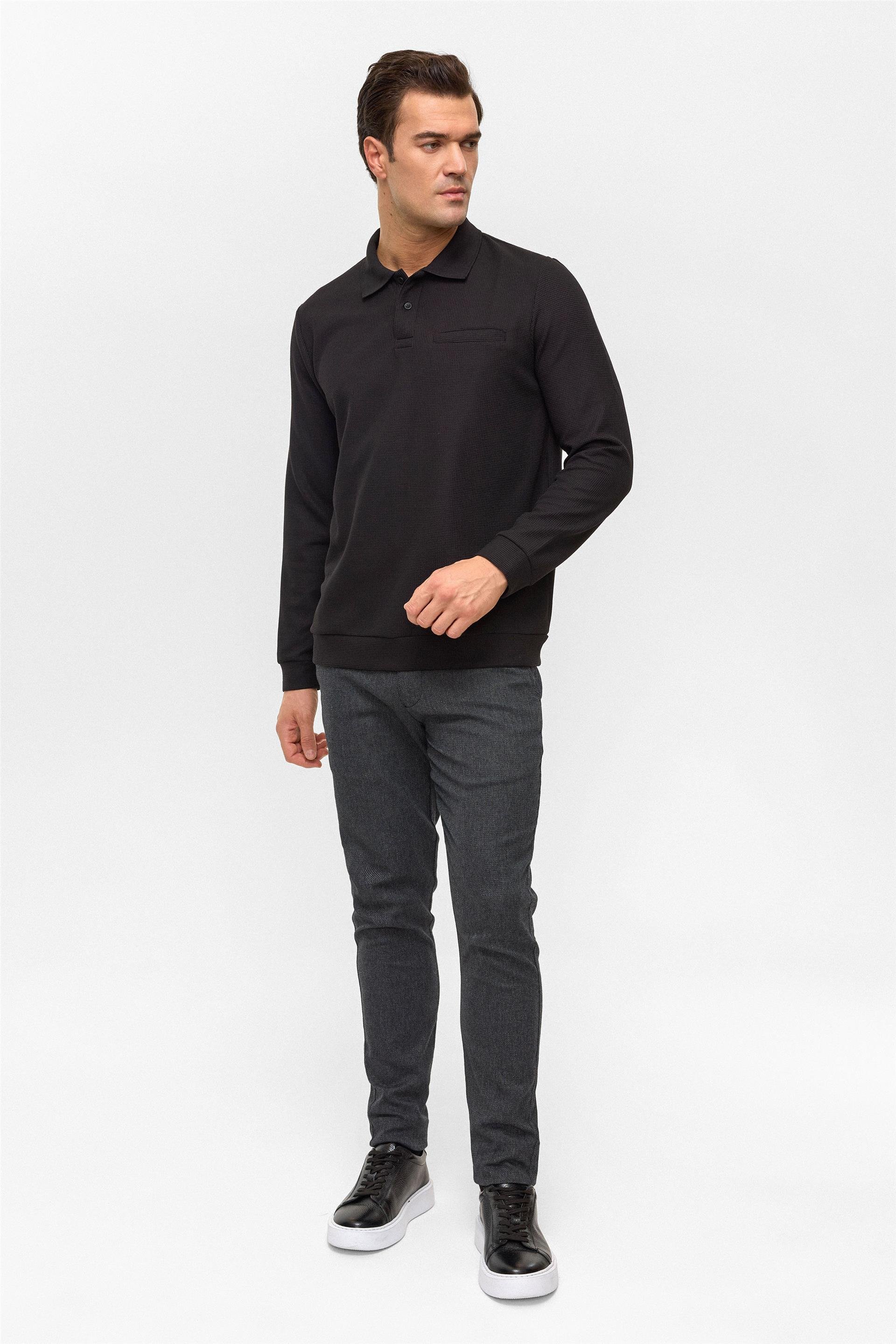 Siyah Regular Düz Polo Yaka Sweatshirt