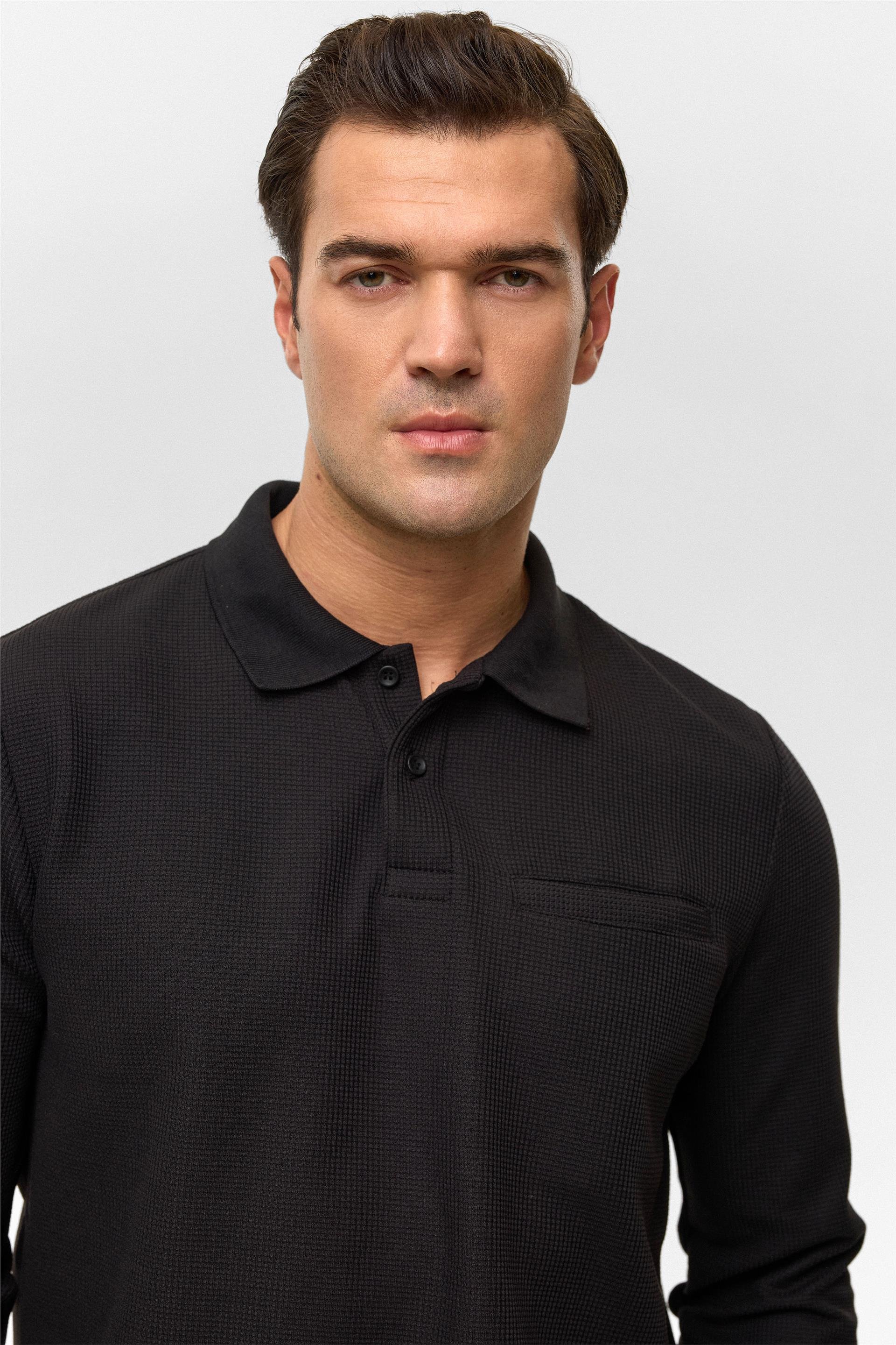 Siyah Regular Düz Polo Yaka Sweatshirt