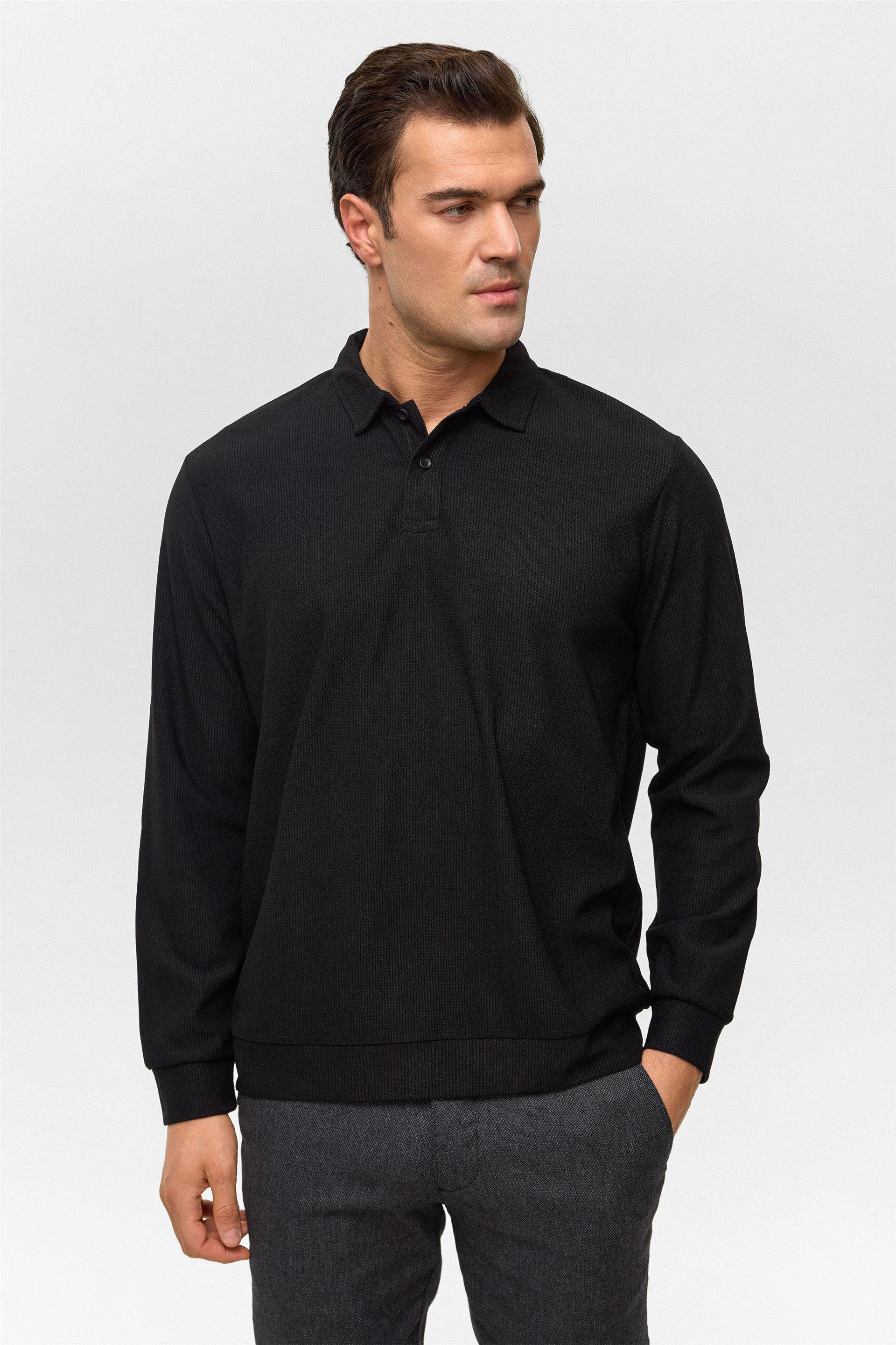 Siyah Regular Düz Polo Yaka Sweatshirt