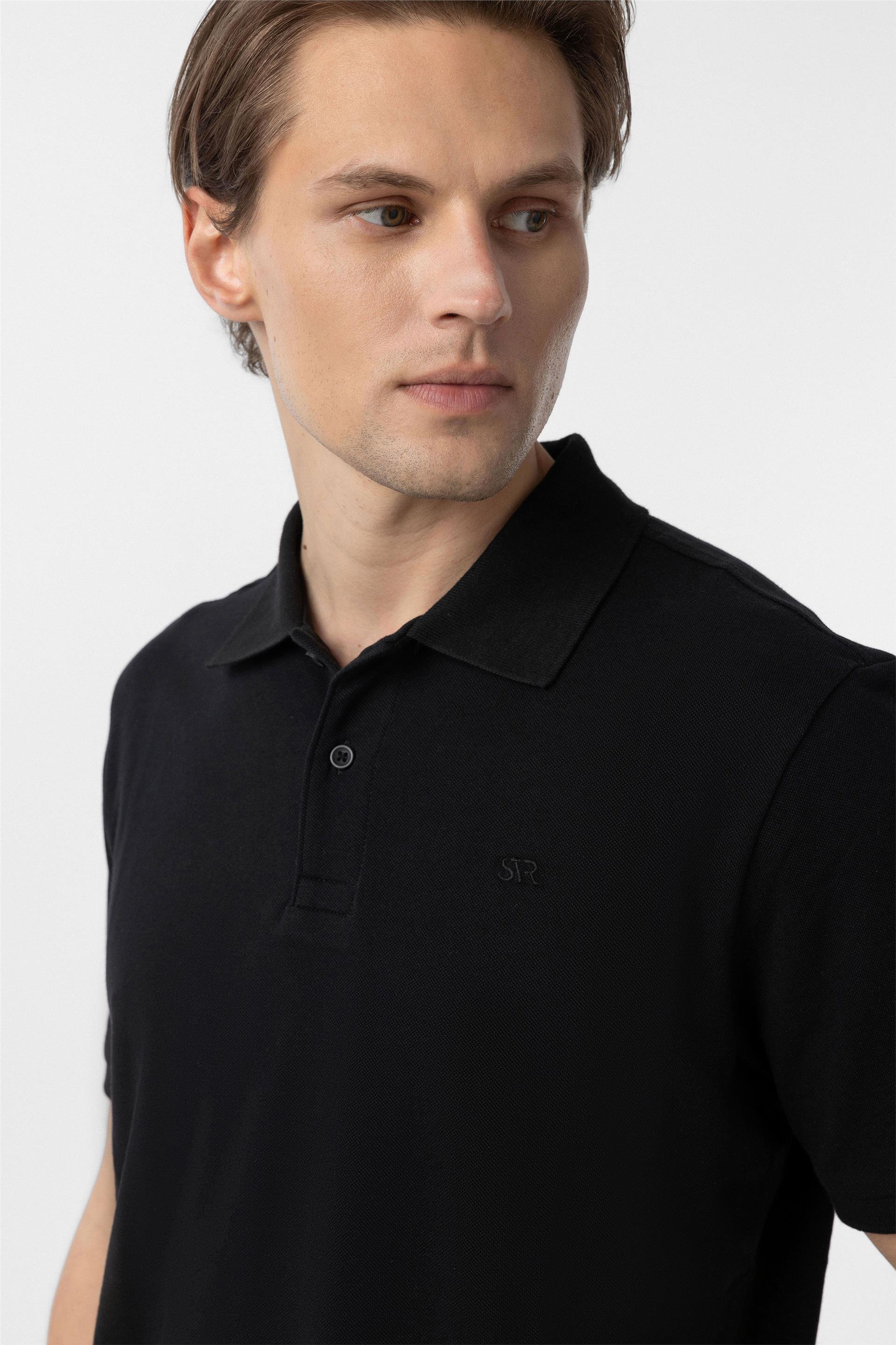 Siyah Regular Düz Polo Yaka Tişört