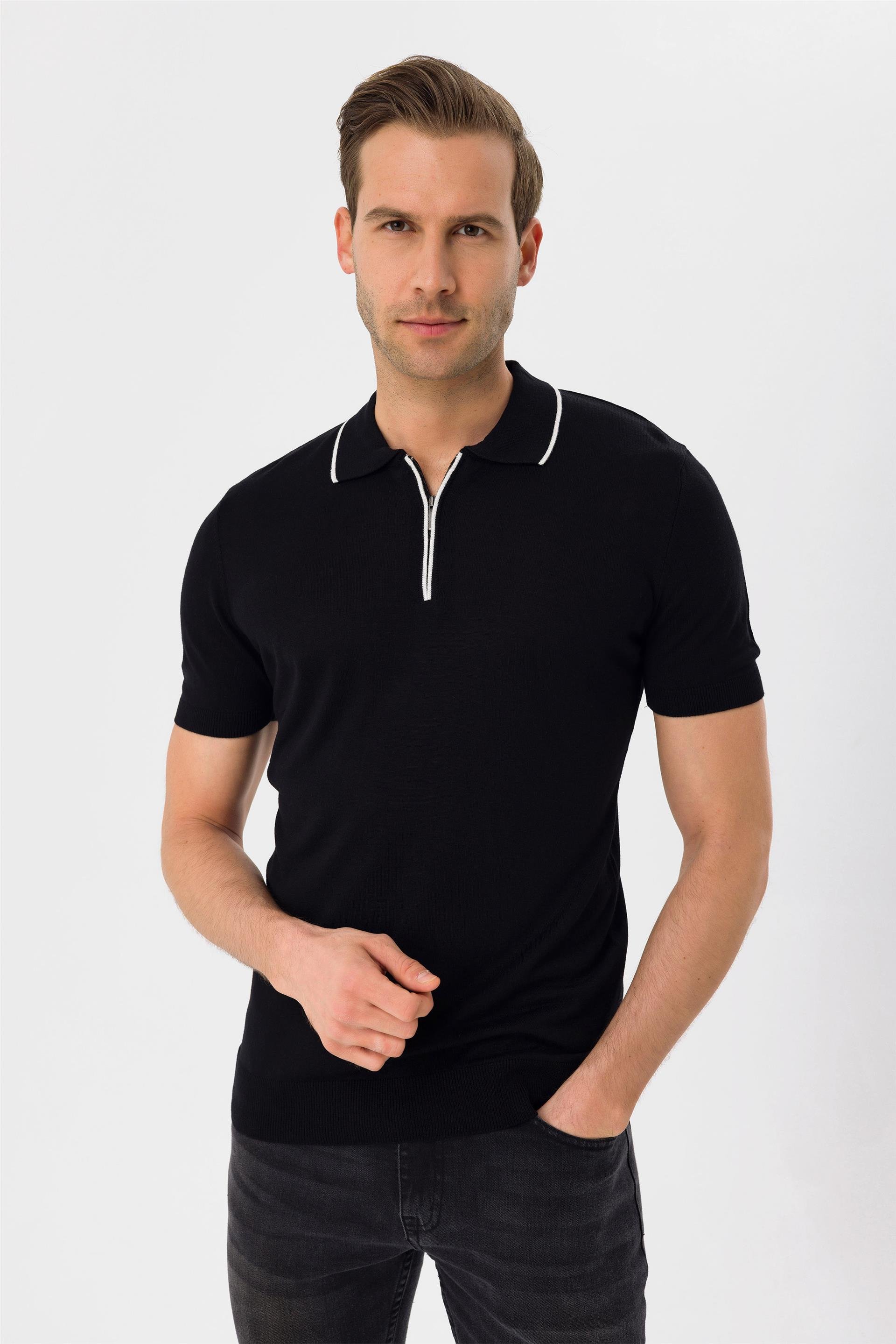 Siyah Regular Düz Polo Yaka  Triko