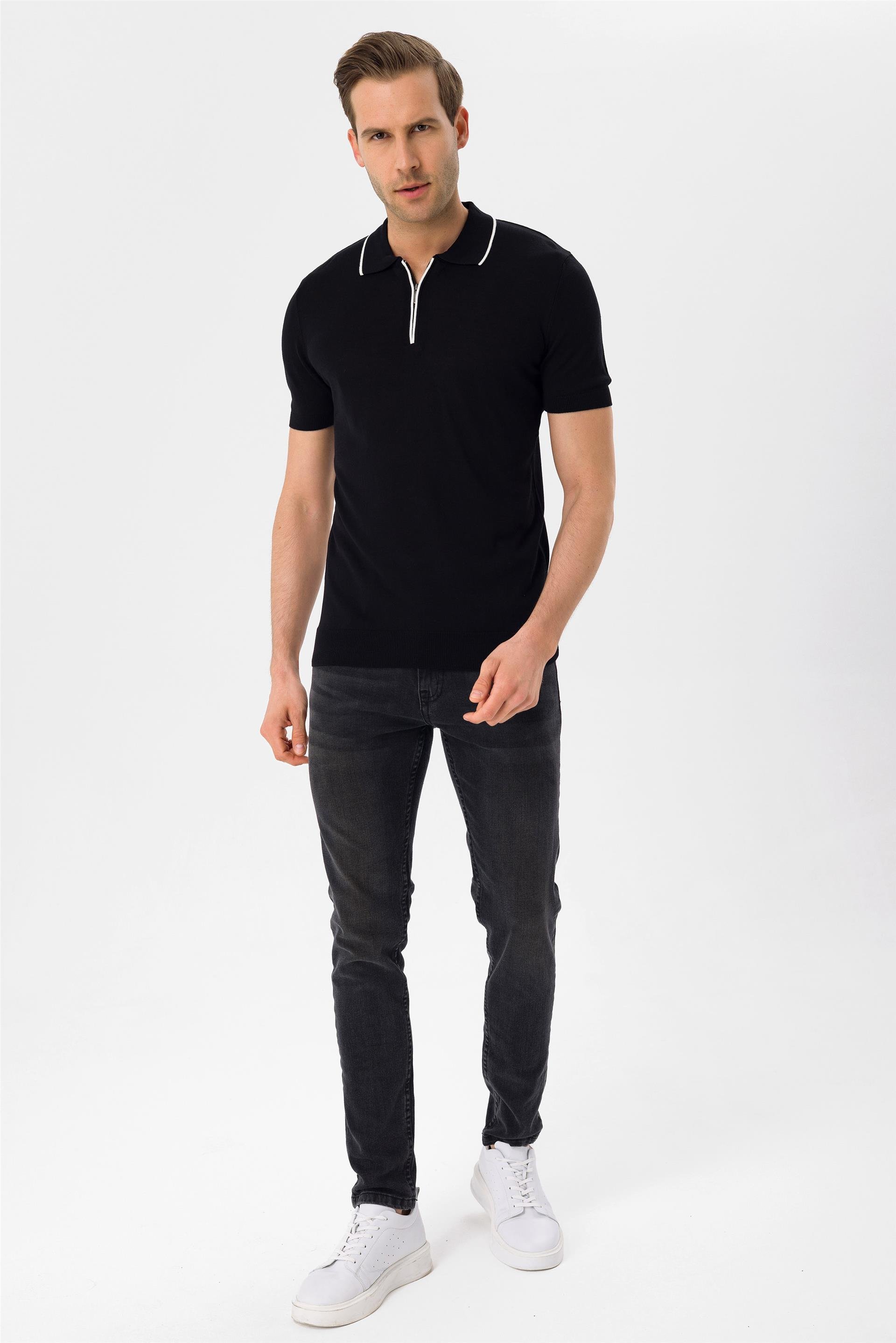 Siyah Regular Düz Polo Yaka  Triko