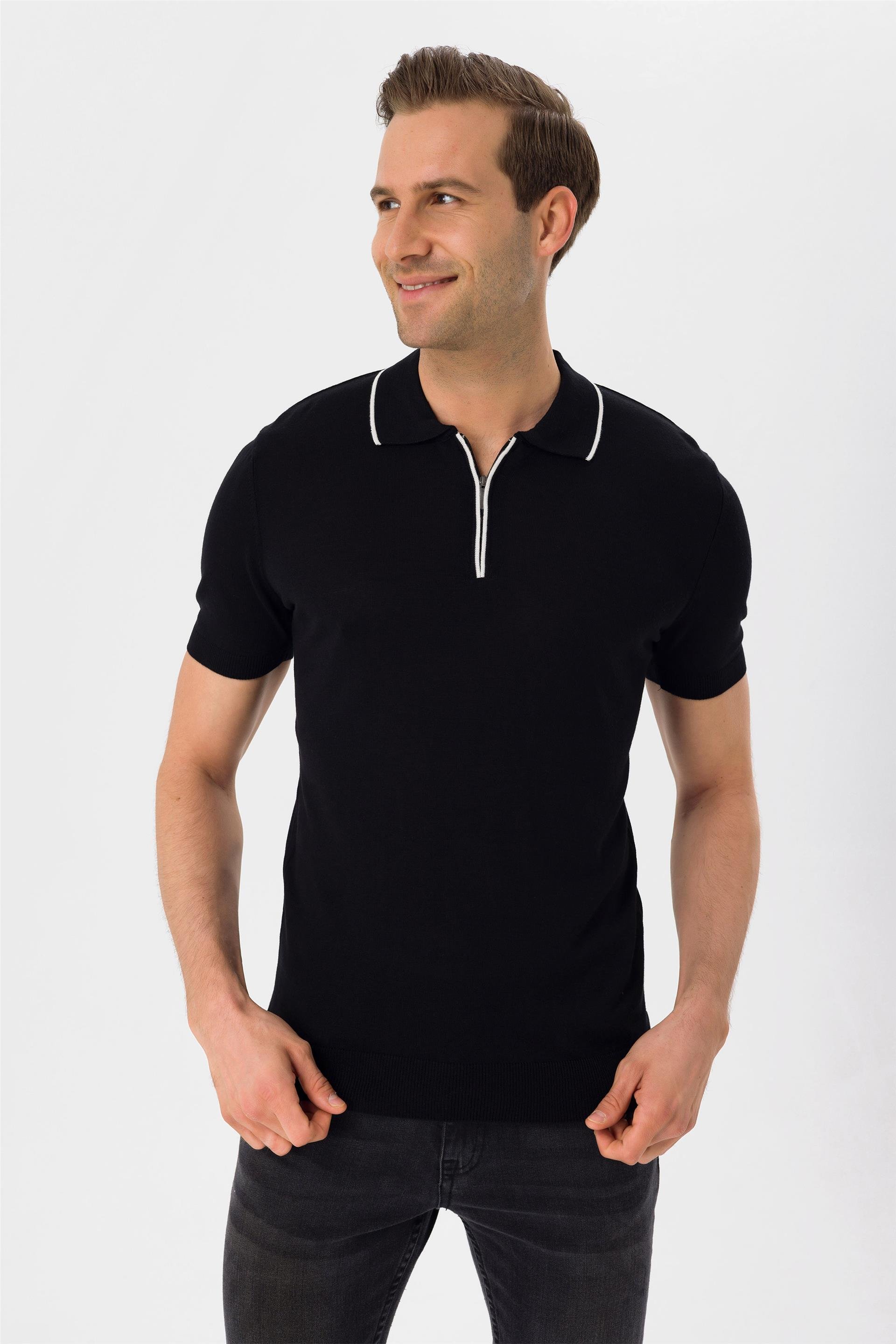 Siyah Regular Düz Polo Yaka  Triko