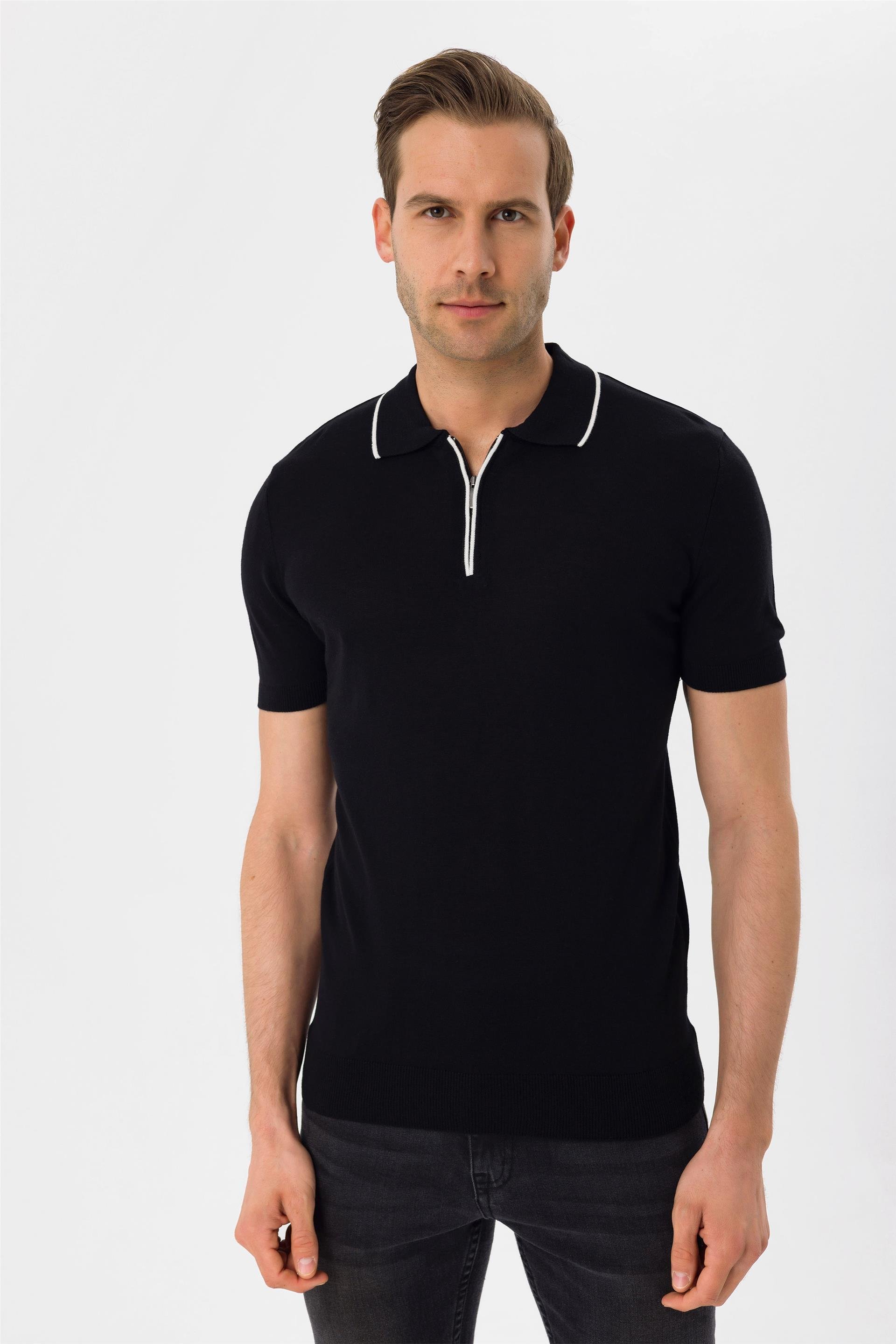 Siyah Regular Düz Polo Yaka  Triko