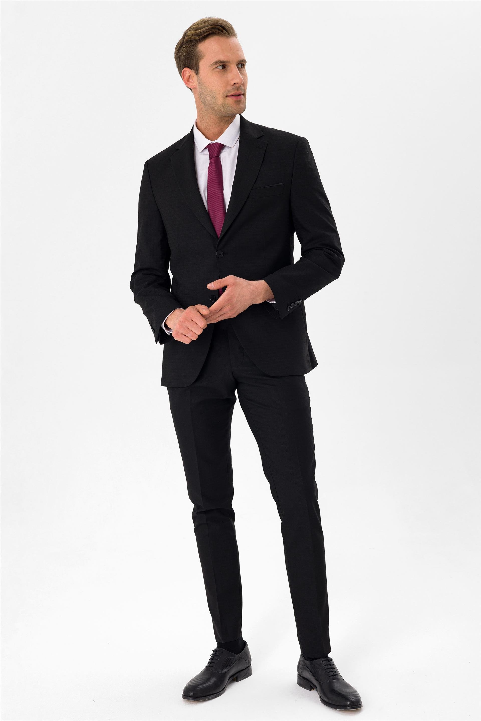 Siyah Slim Armürlü Mono Yaka 6 Drop                                                       Takım Elbise