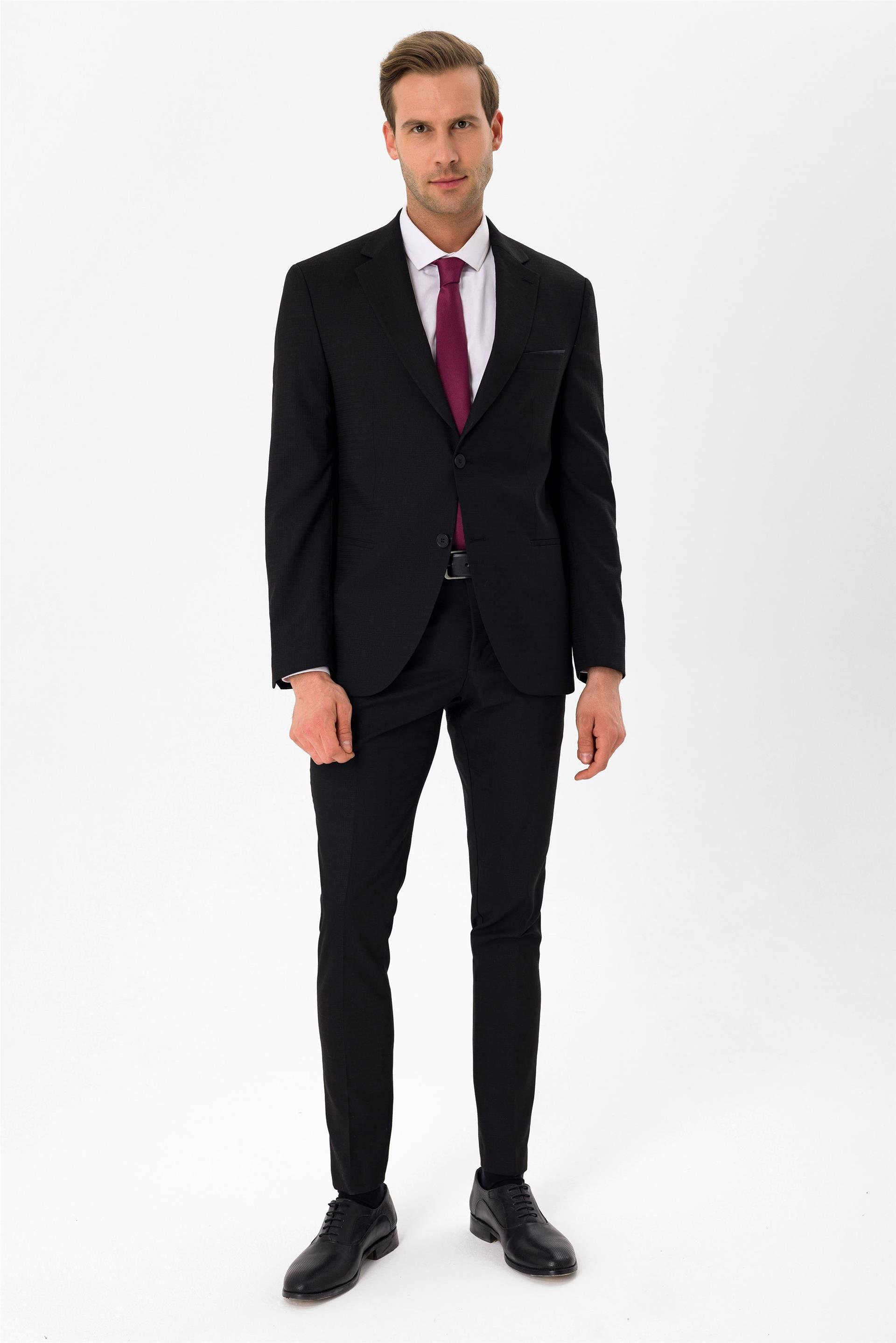 Siyah Slim Armürlü Mono Yaka 6 Drop                                                       Takım Elbise