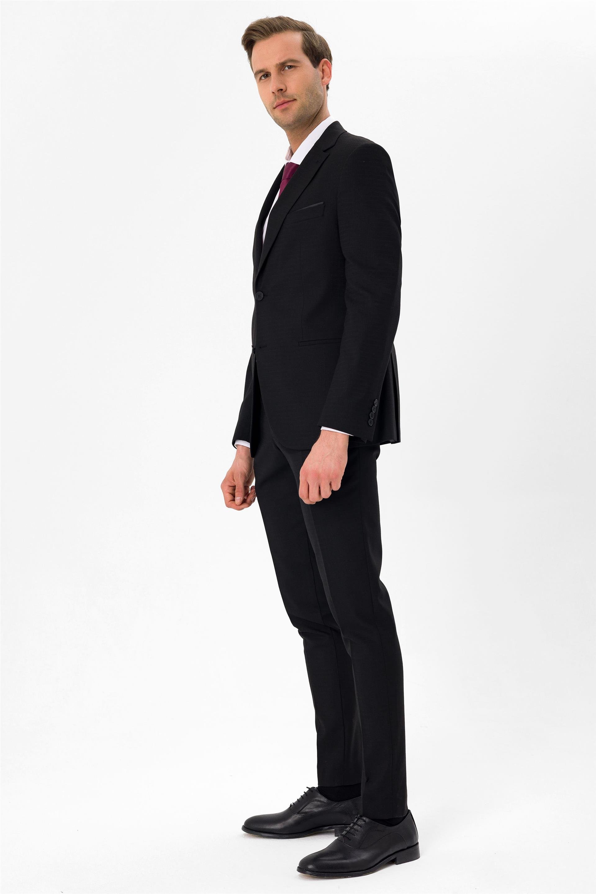 Siyah Slim Armürlü Mono Yaka 6 Drop                                                       Takım Elbise