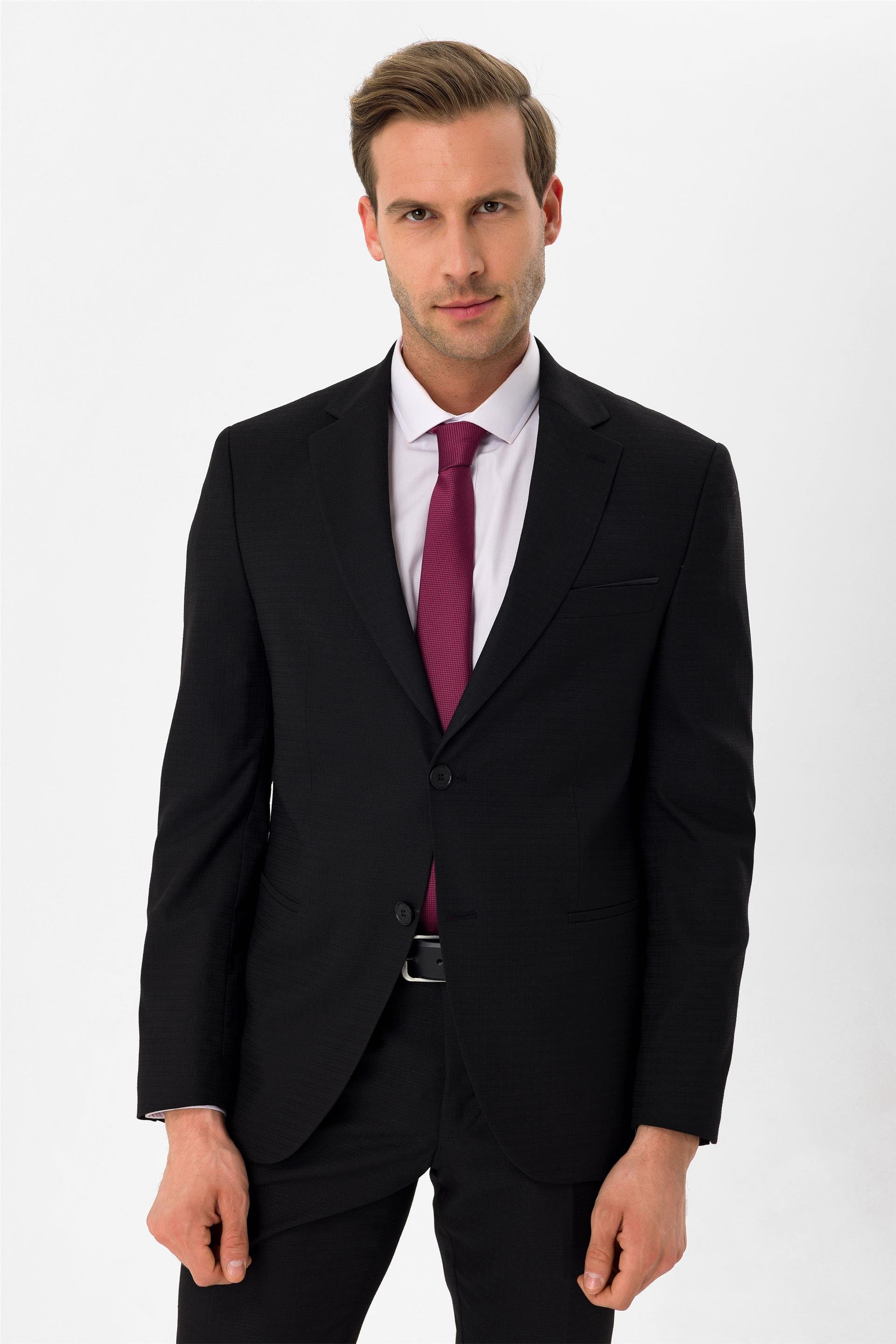 Siyah Slim Armürlü Mono Yaka 6 Drop                                                       Takım Elbise