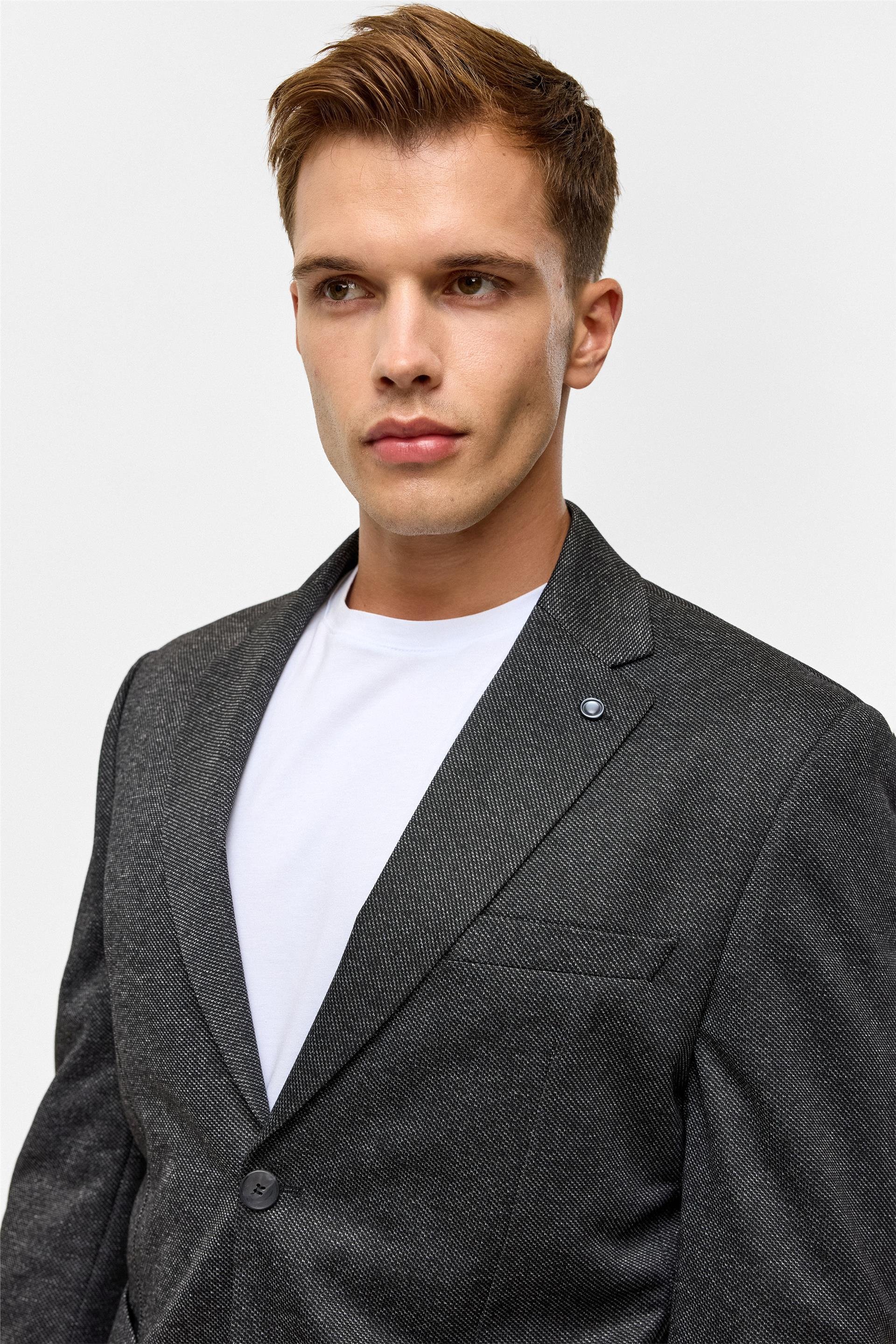 Siyah Slim Desenli Mono Yaka 6 Drop Ceket