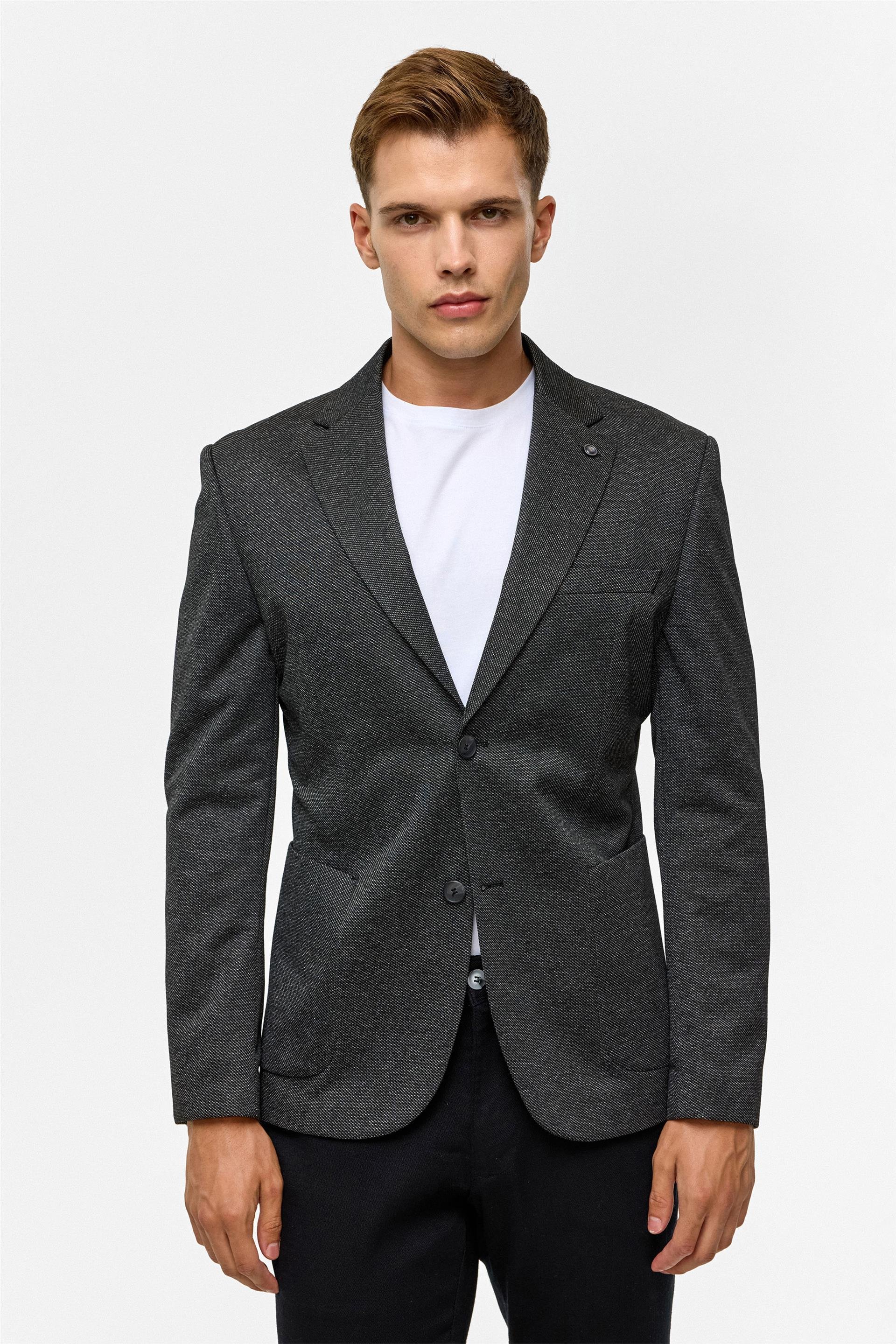 Siyah Slim Desenli Mono Yaka 6 Drop Ceket