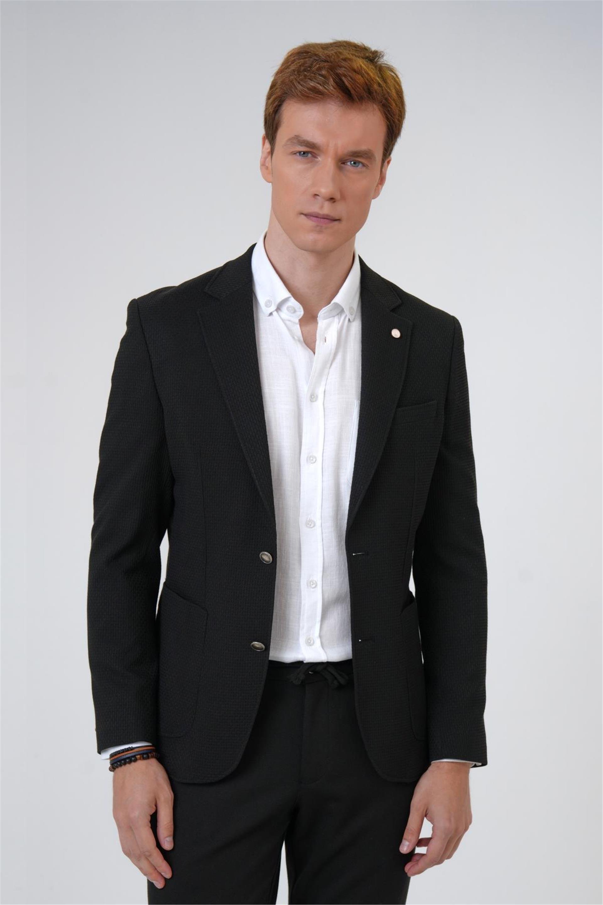 Siyah Slim Desenli Mono Yaka 6 Drop Ceket