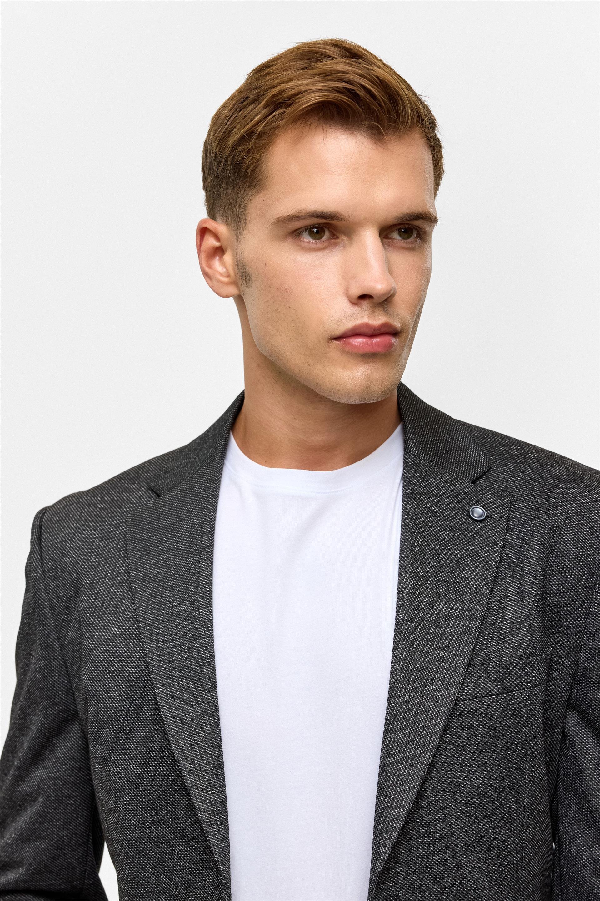 Siyah Slim Desenli Mono Yaka 6 Drop Ceket