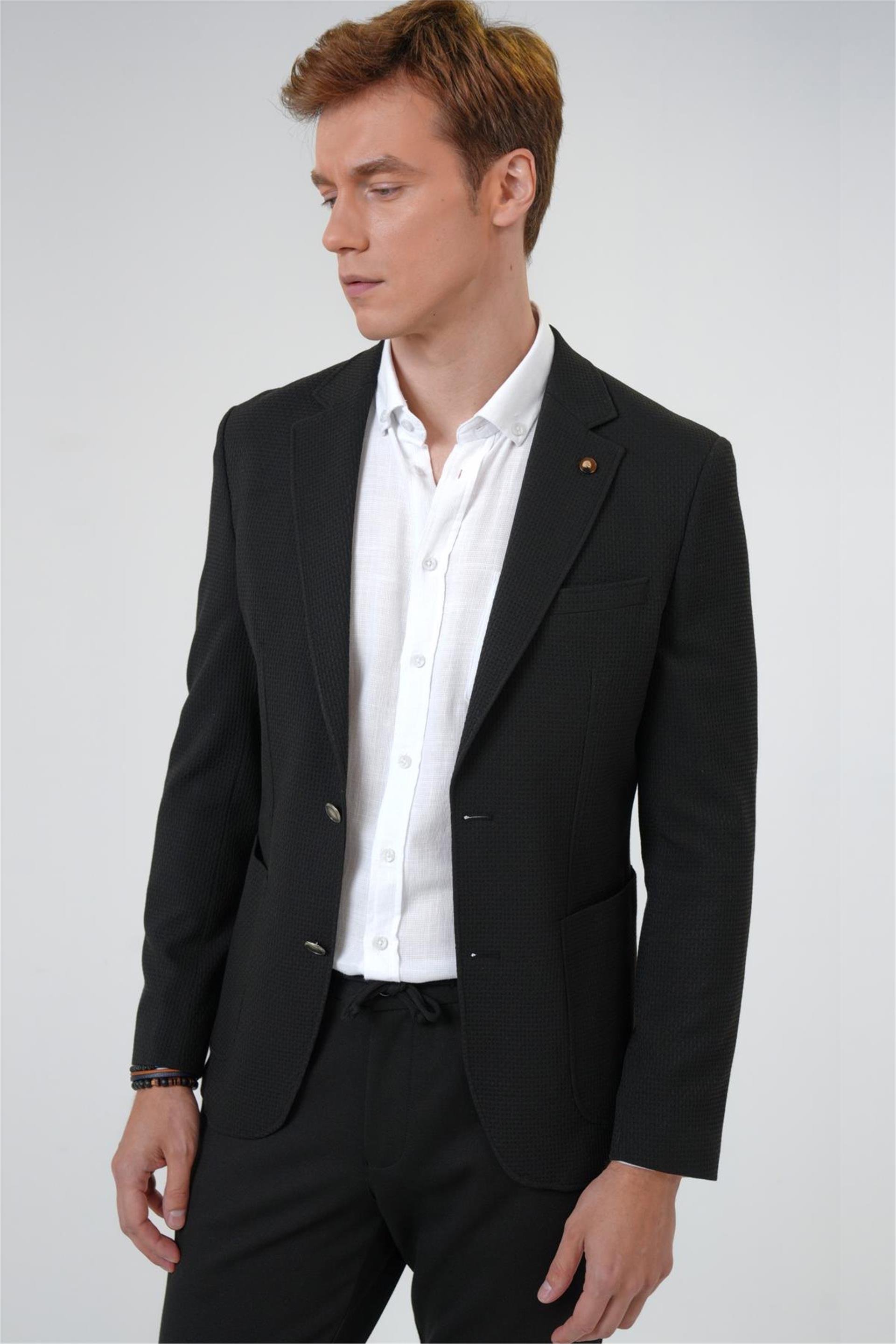 Siyah Slim Desenli Mono Yaka 6 Drop Ceket