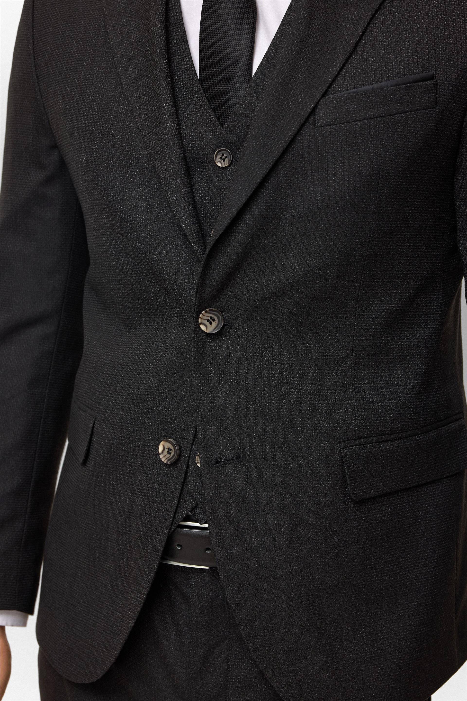 Siyah Slim Desenli Sivri Yaka 6 Drop Yelekli Takım Elbise