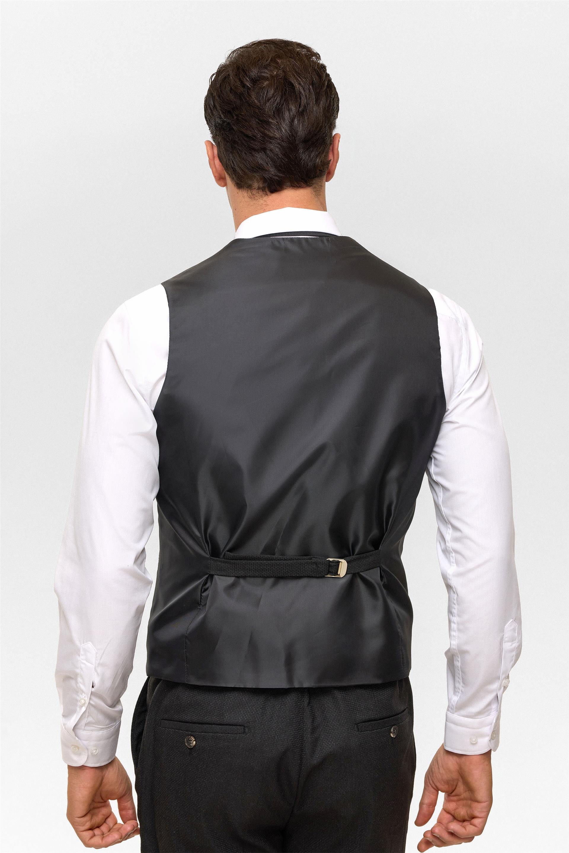 Siyah Slim Desenli Sivri Yaka 6 Drop Yelekli Takım Elbise