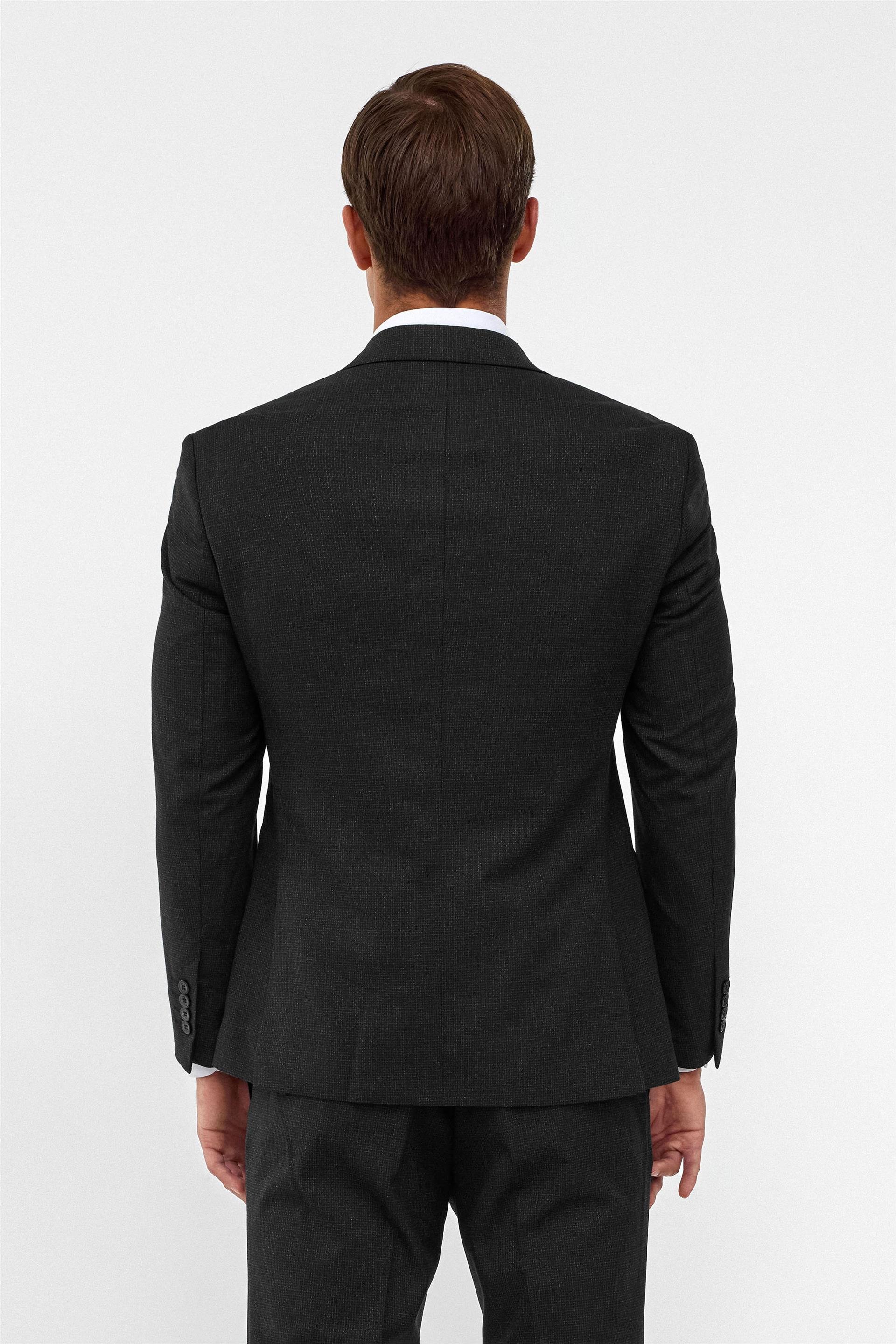 Siyah Slim Desenli Sivri Yaka 6 Drop Yelekli Takım Elbise