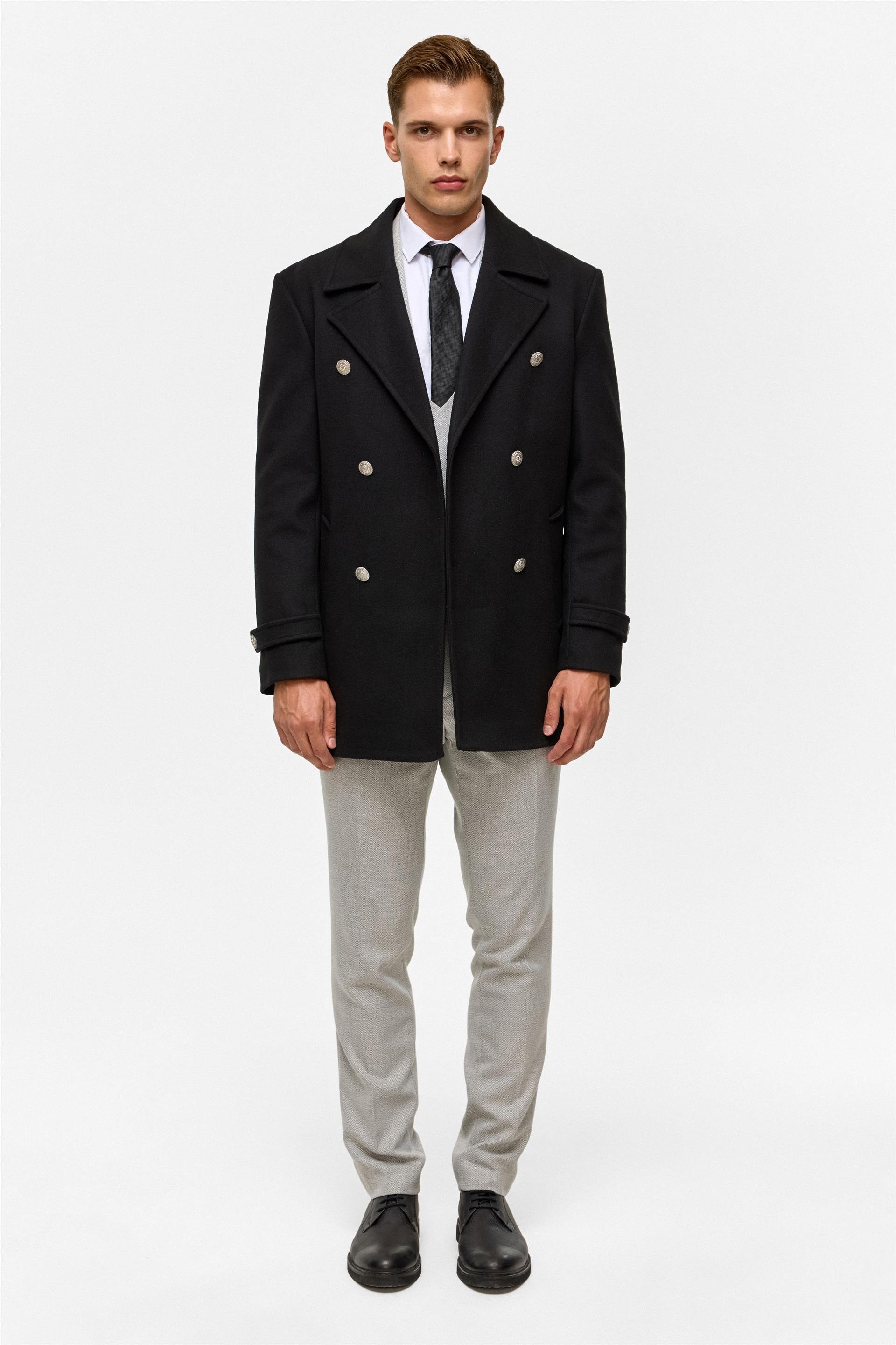 Siyah Slim Düz Kruvaze Yaka Kaban