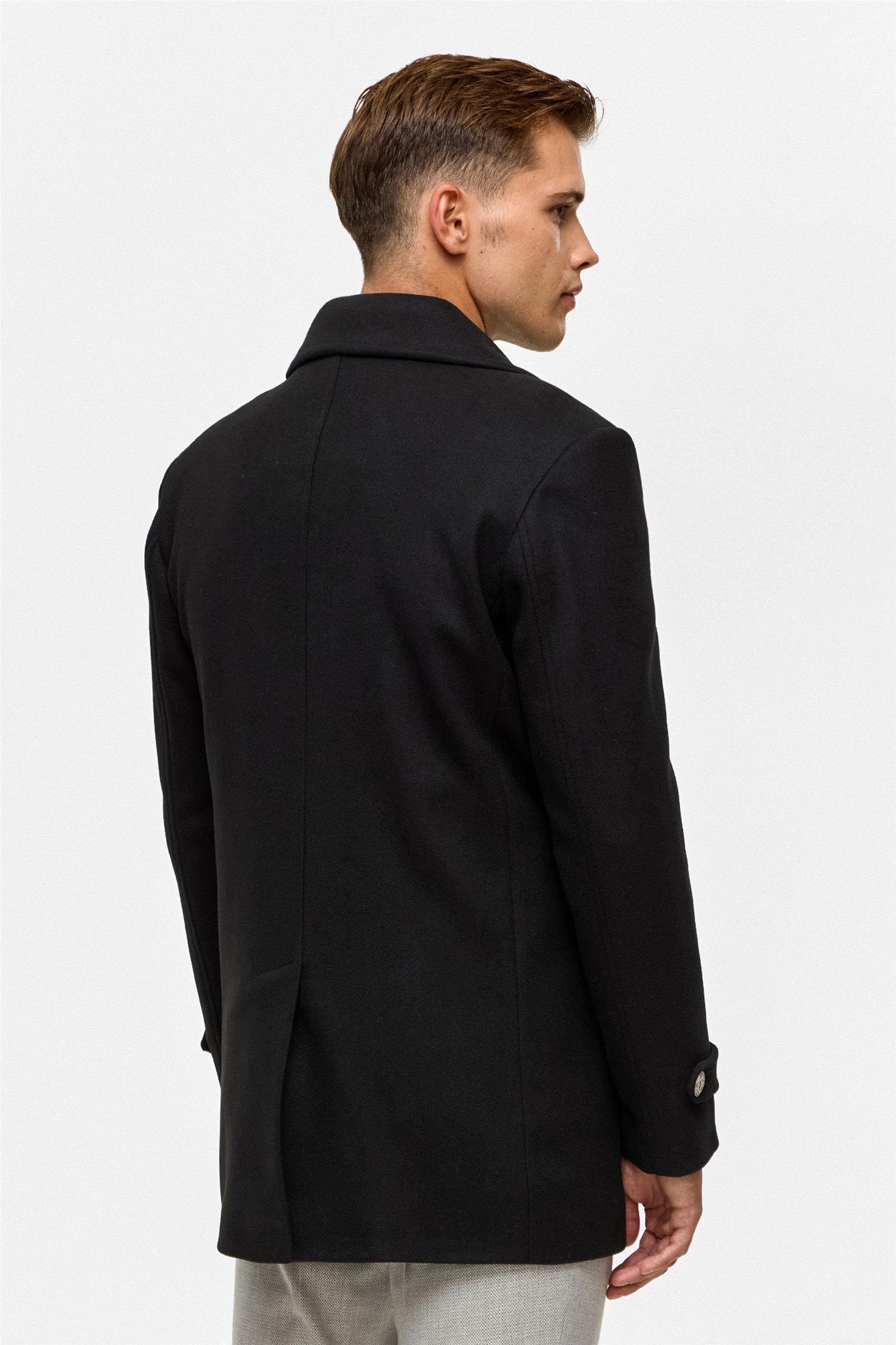 Siyah Slim Düz Kruvaze Yaka Kaban