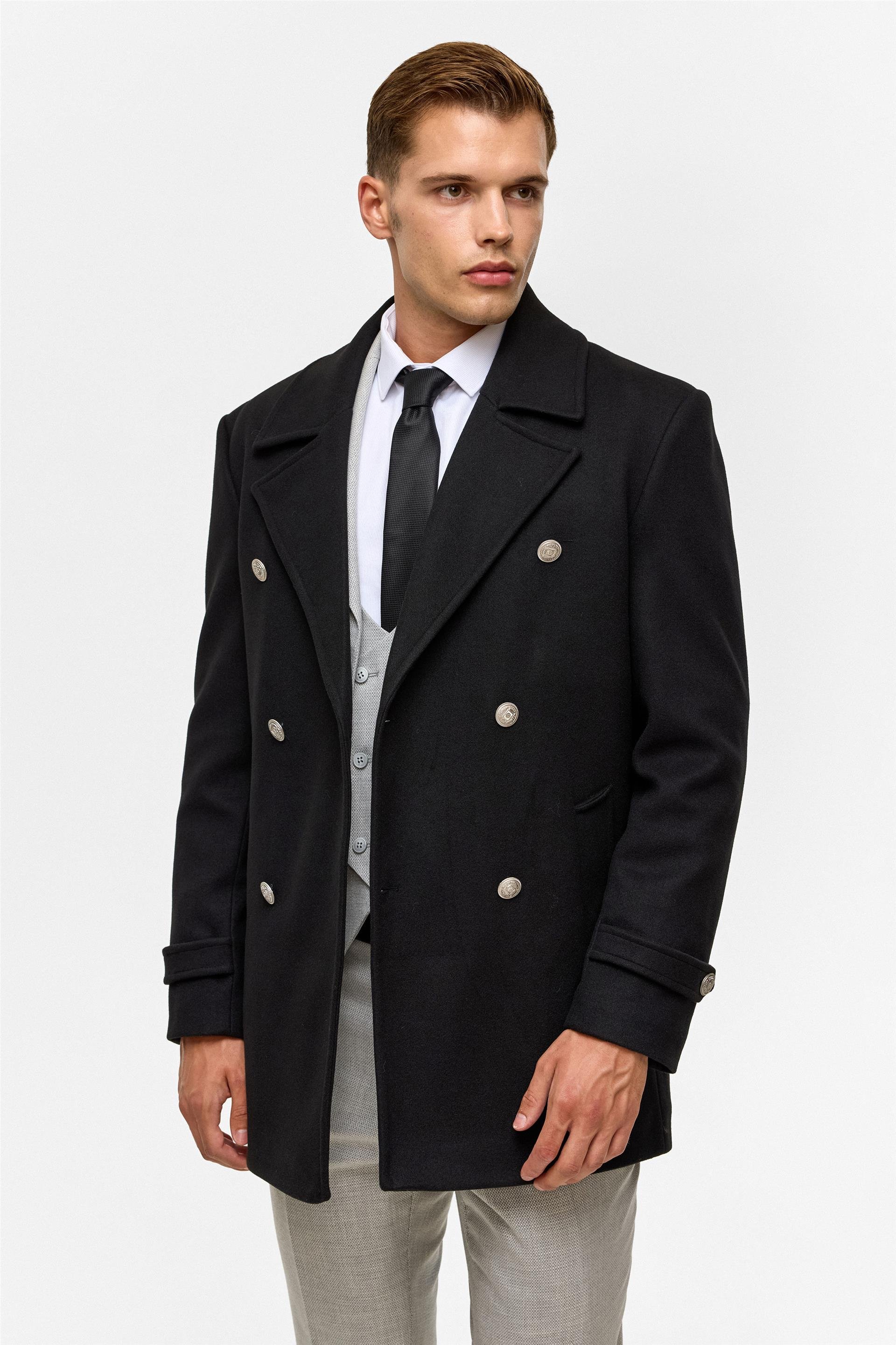 Siyah Slim Düz Kruvaze Yaka Kaban