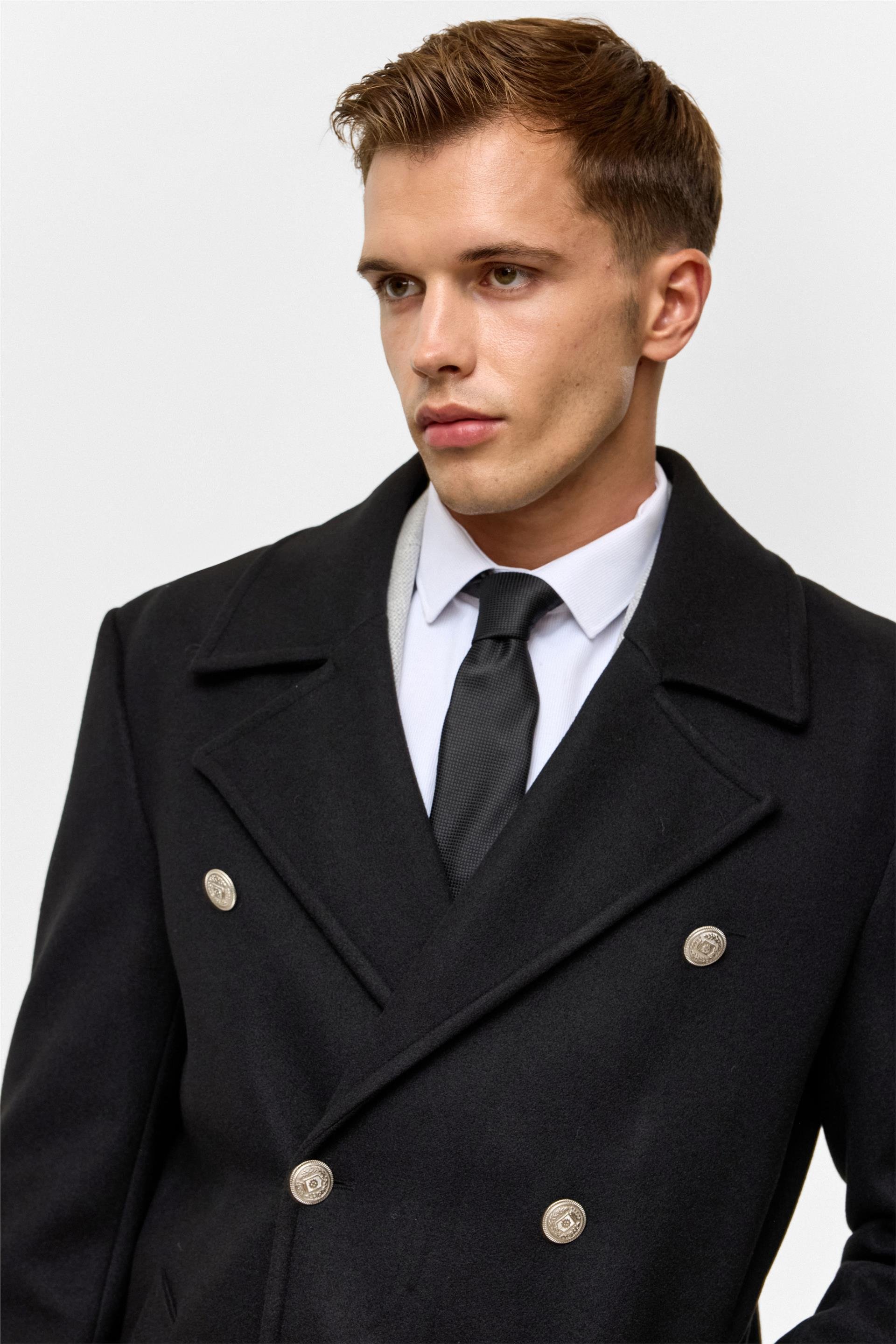 Siyah Slim Düz Kruvaze Yaka Kaban