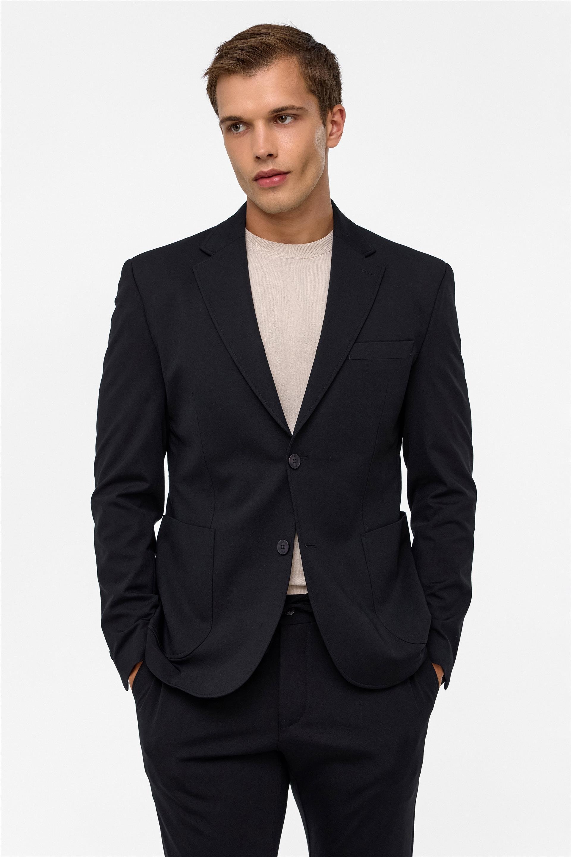 Siyah Slim Düz Mono Yaka 6 Drop Jogger Pantolon