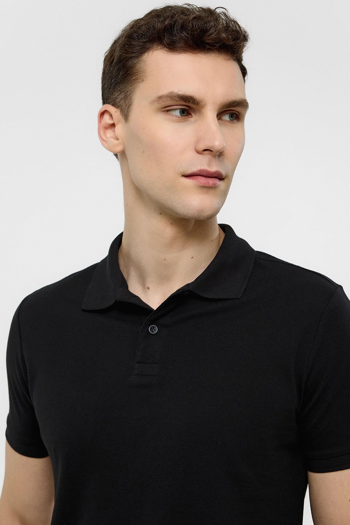 Siyah Slim Düz Polo Yaka Tişört