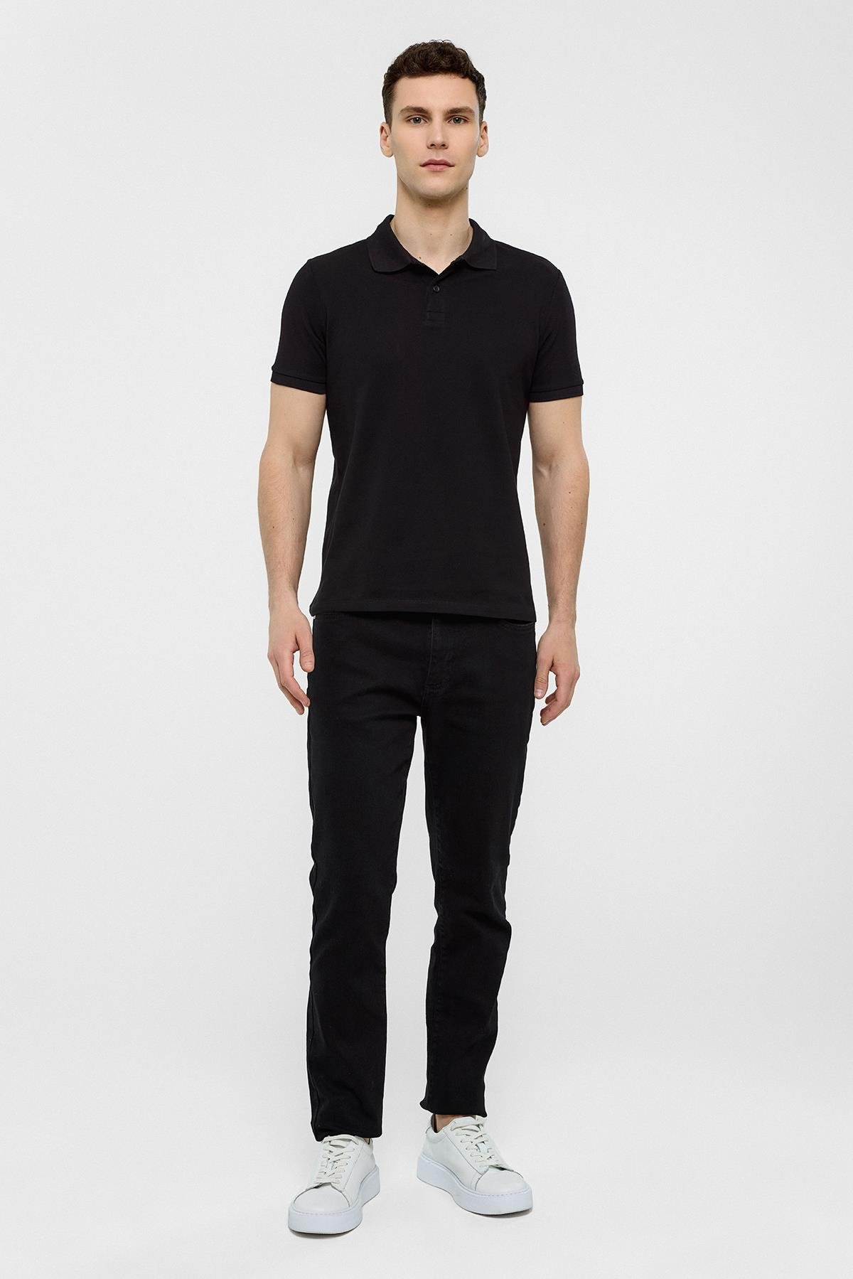 Siyah Slim Düz Polo Yaka Tişört