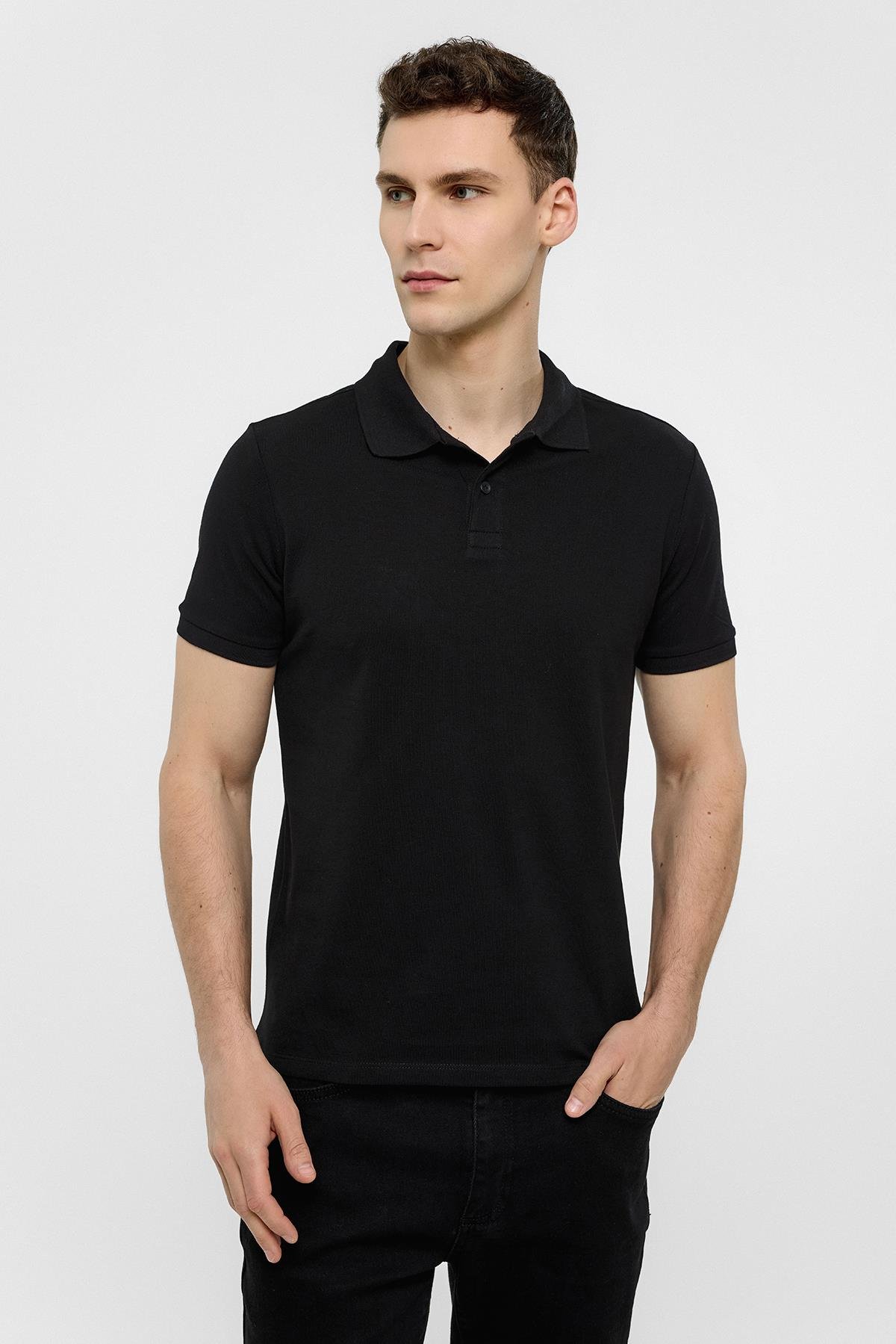 Siyah Slim Düz Polo Yaka Tişört