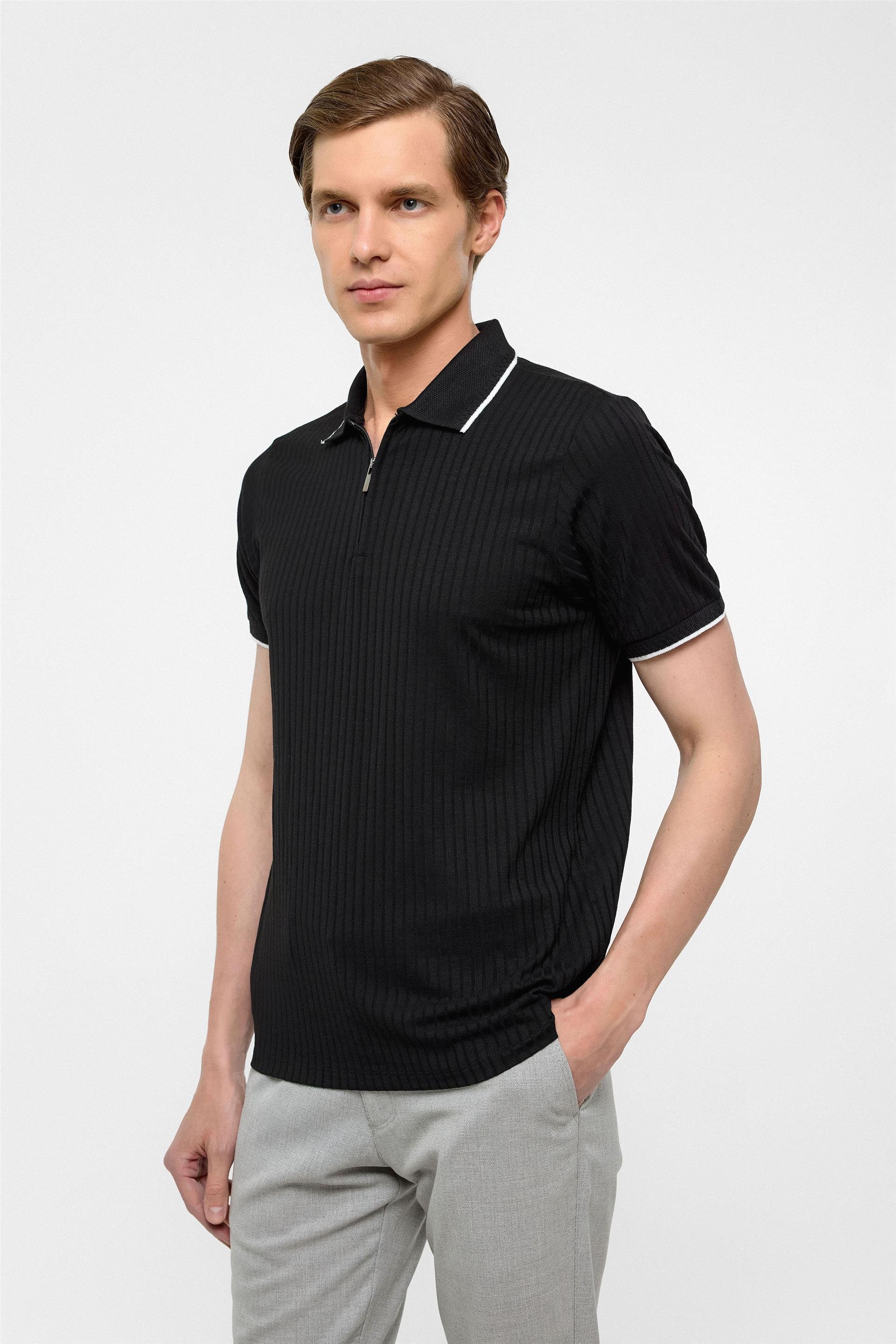 Siyah Slim Fitilli Polo Yaka Tişört