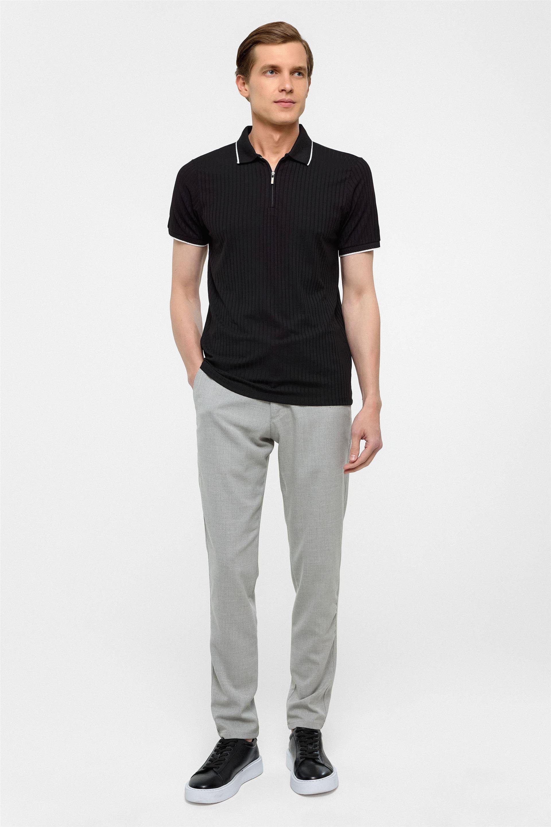 Siyah Slim Fitilli Polo Yaka Tişört