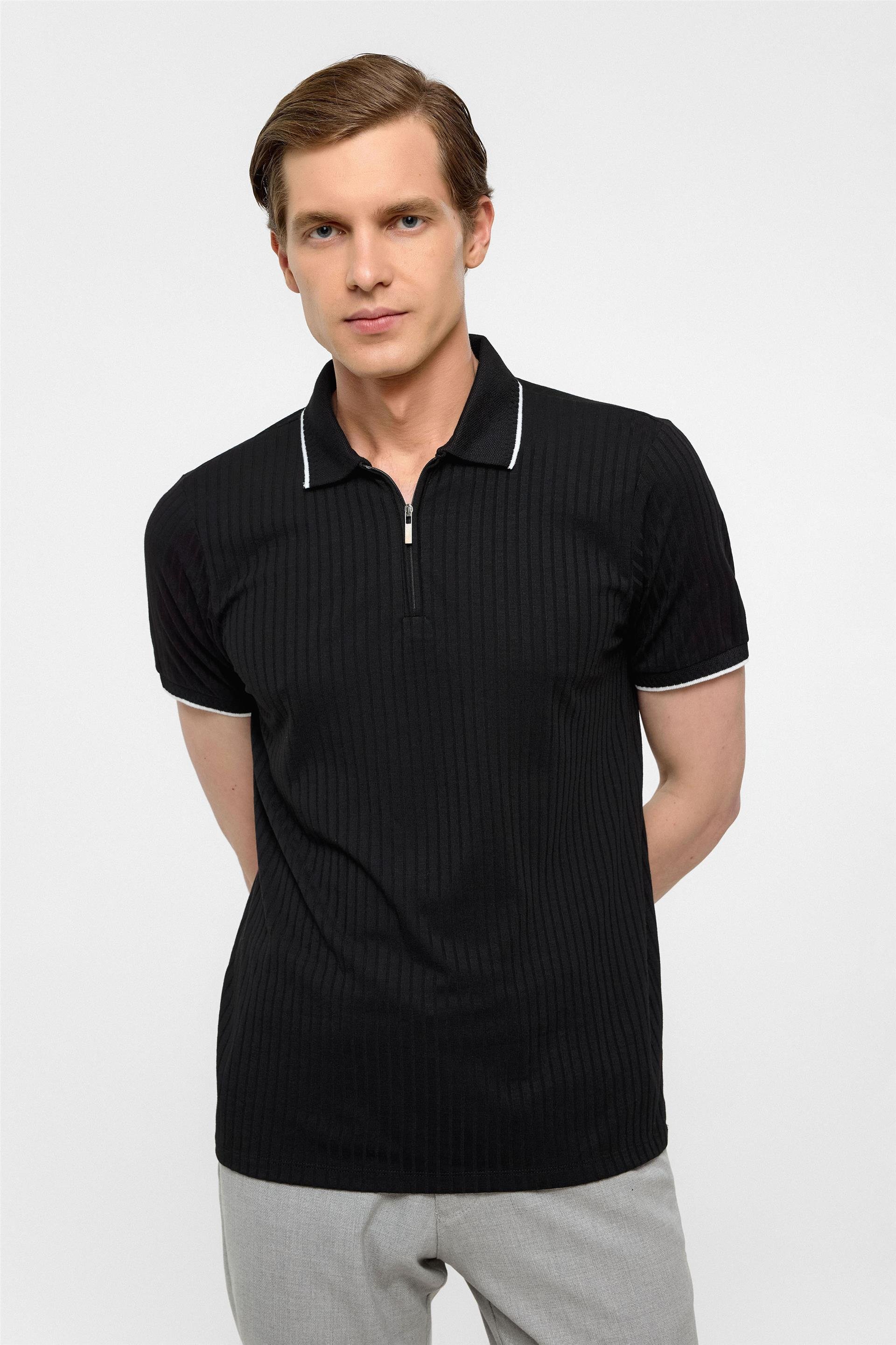 Siyah Slim Fitilli Polo Yaka Tişört