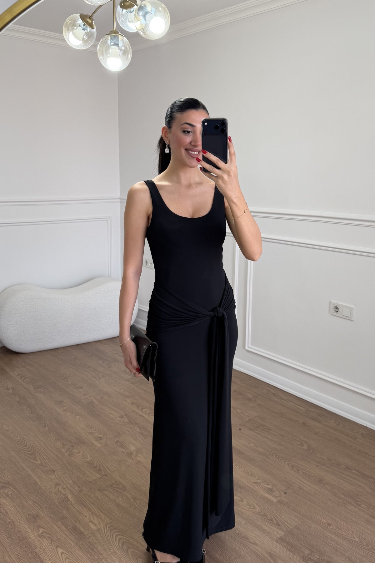 BAĞLAMA DETAYLI DRAPELİ ELBİSE 