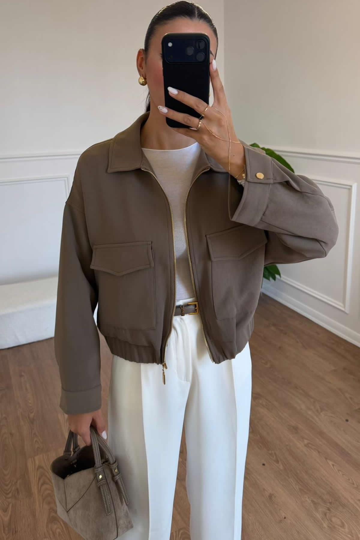 CROP BLAZER CEKET - KAHVE