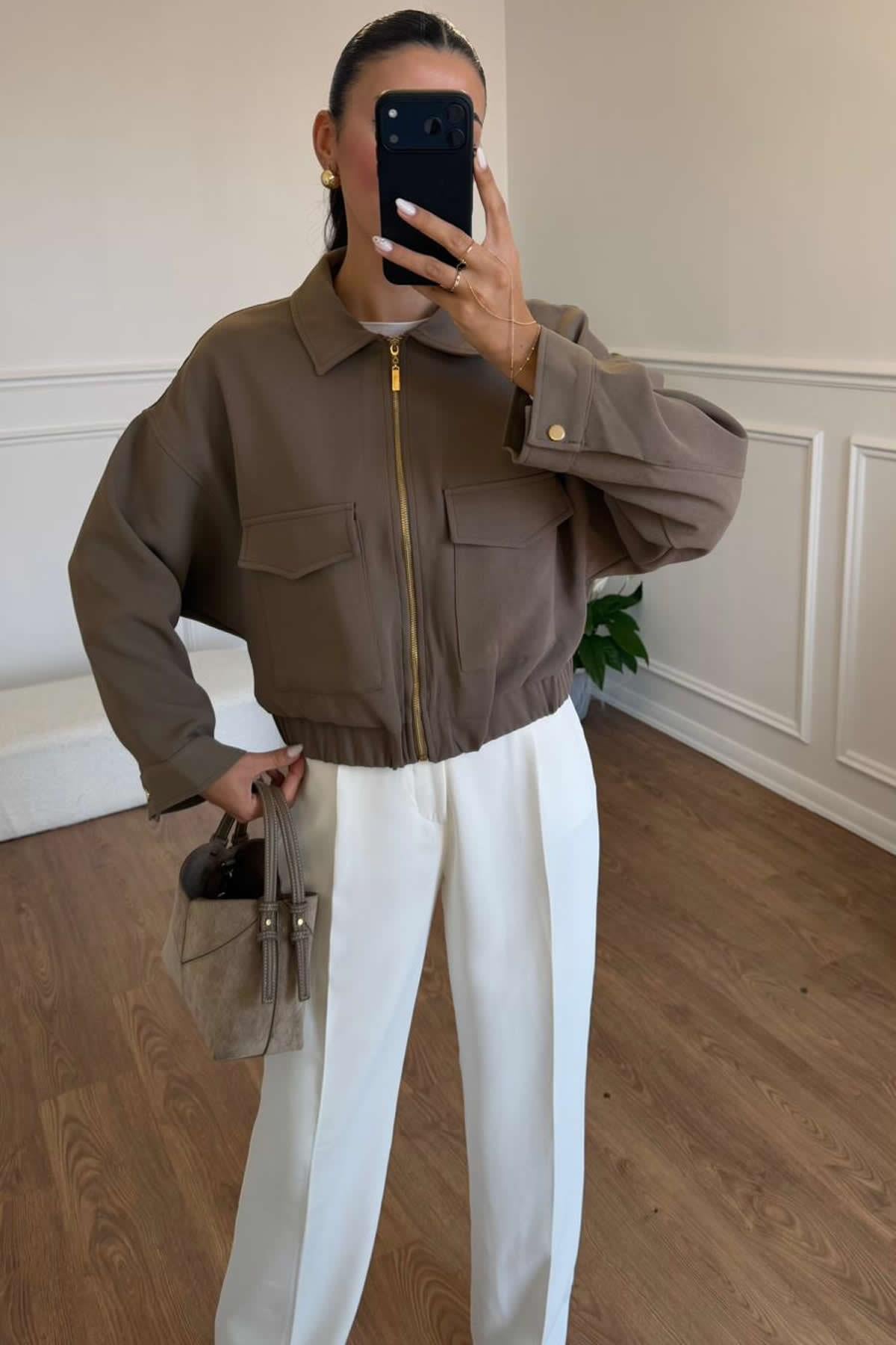 CROP BLAZER CEKET - KAHVE