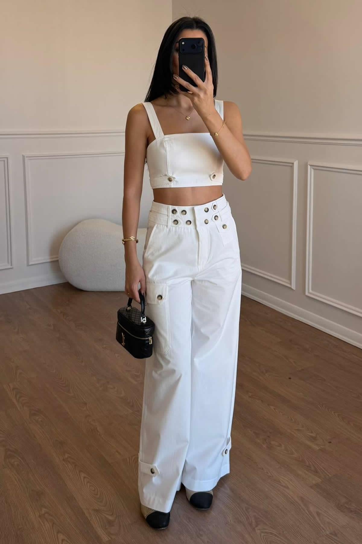 CROPTOP BLUZ APOLLETLİ PANTOLON TAKIM - BEYAZ
