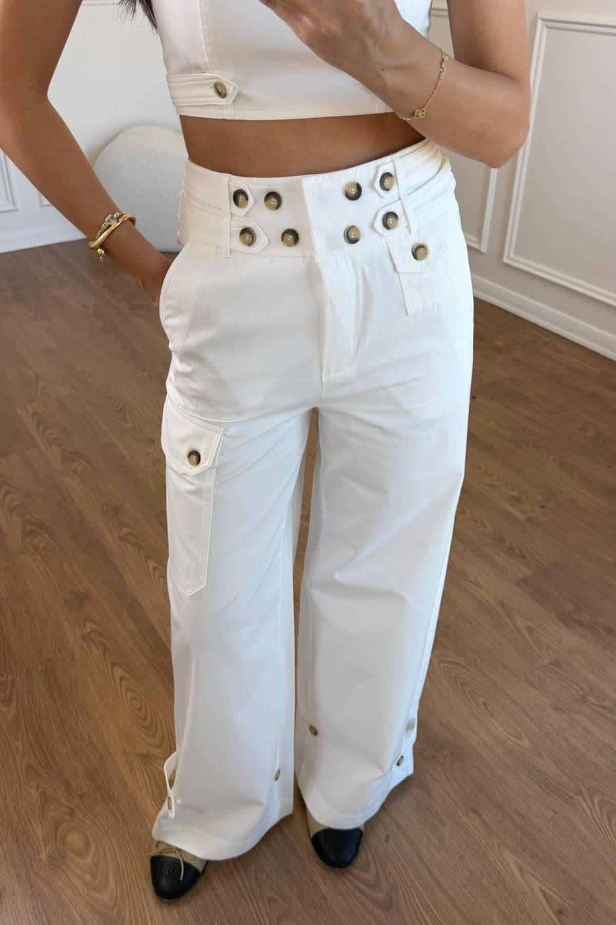 CROPTOP BLUZ APOLLETLİ PANTOLON TAKIM - BEYAZ