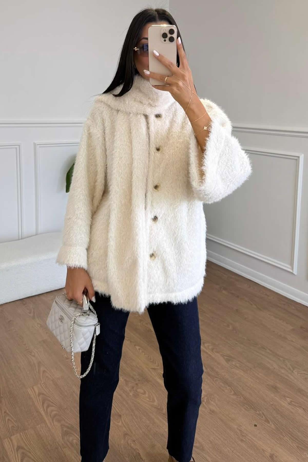 FULARLI PELUŞ KISA KABAN - EKRU