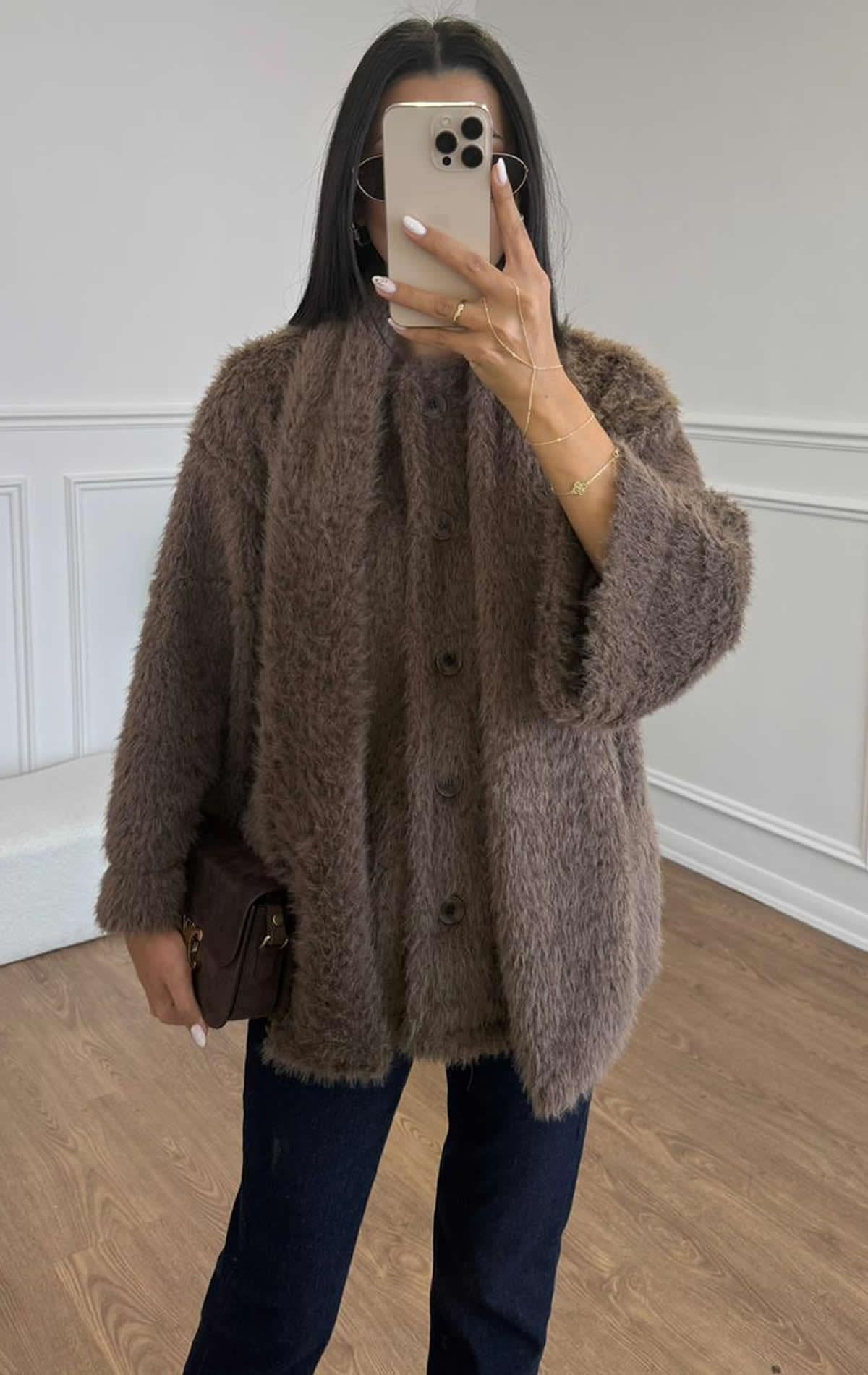 FULARLI PELUŞ KISA KABAN - KAHVE