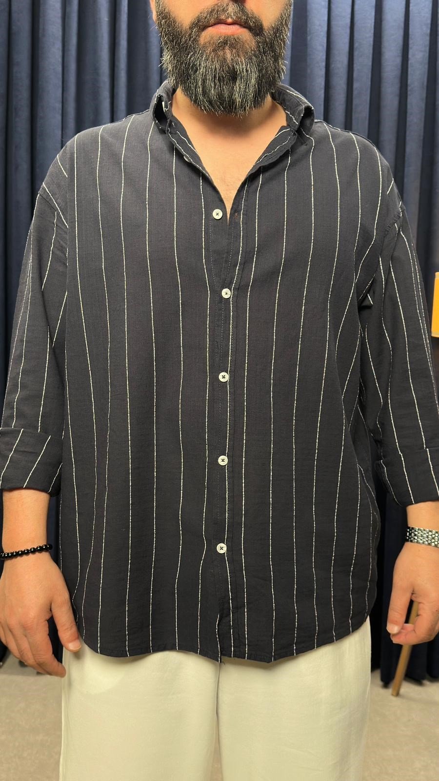 Çizgili Oversize Keten Gömlek Siyah