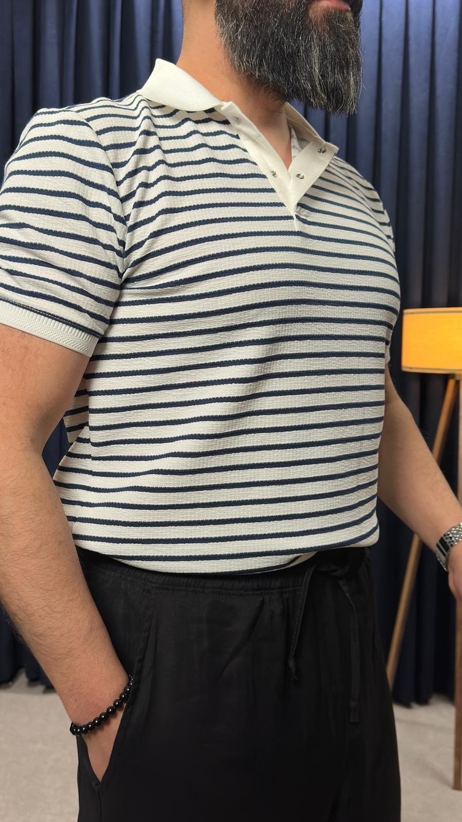 Çizgili Polo Yaka Triko Lacivert