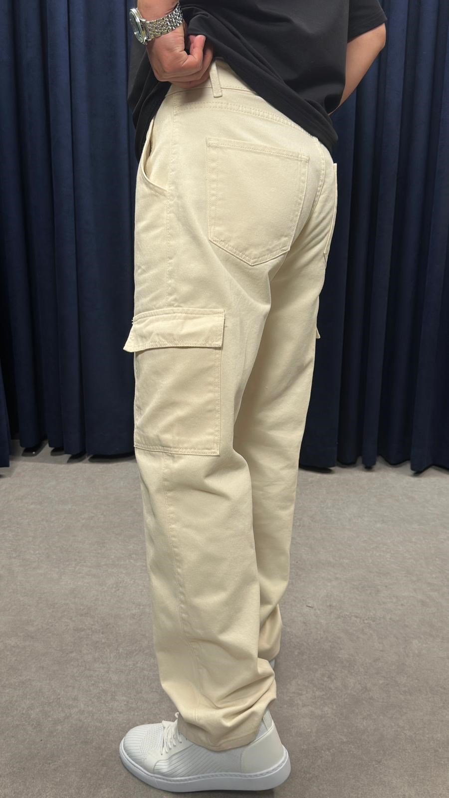 Kargo Cep Baggy Kot Pantolon Bej