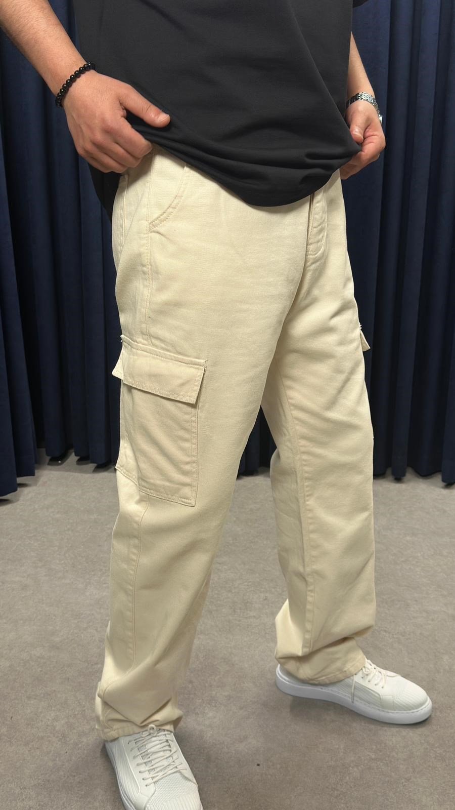 Kargo Cep Baggy Kot Pantolon Bej