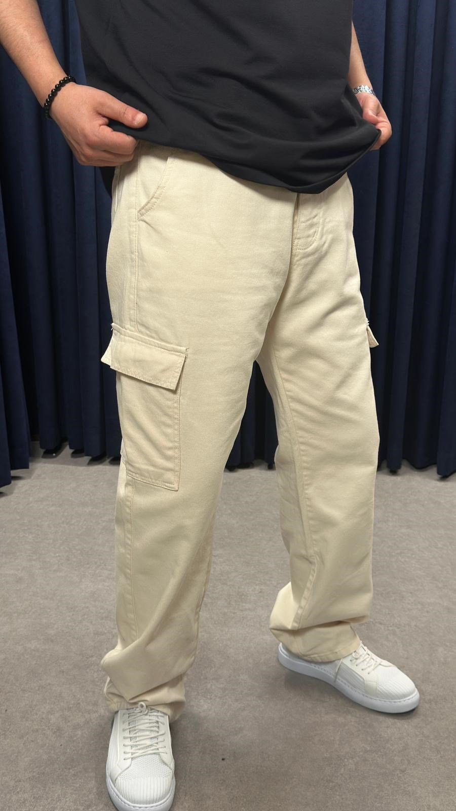 Kargo Cep Baggy Kot Pantolon Bej
