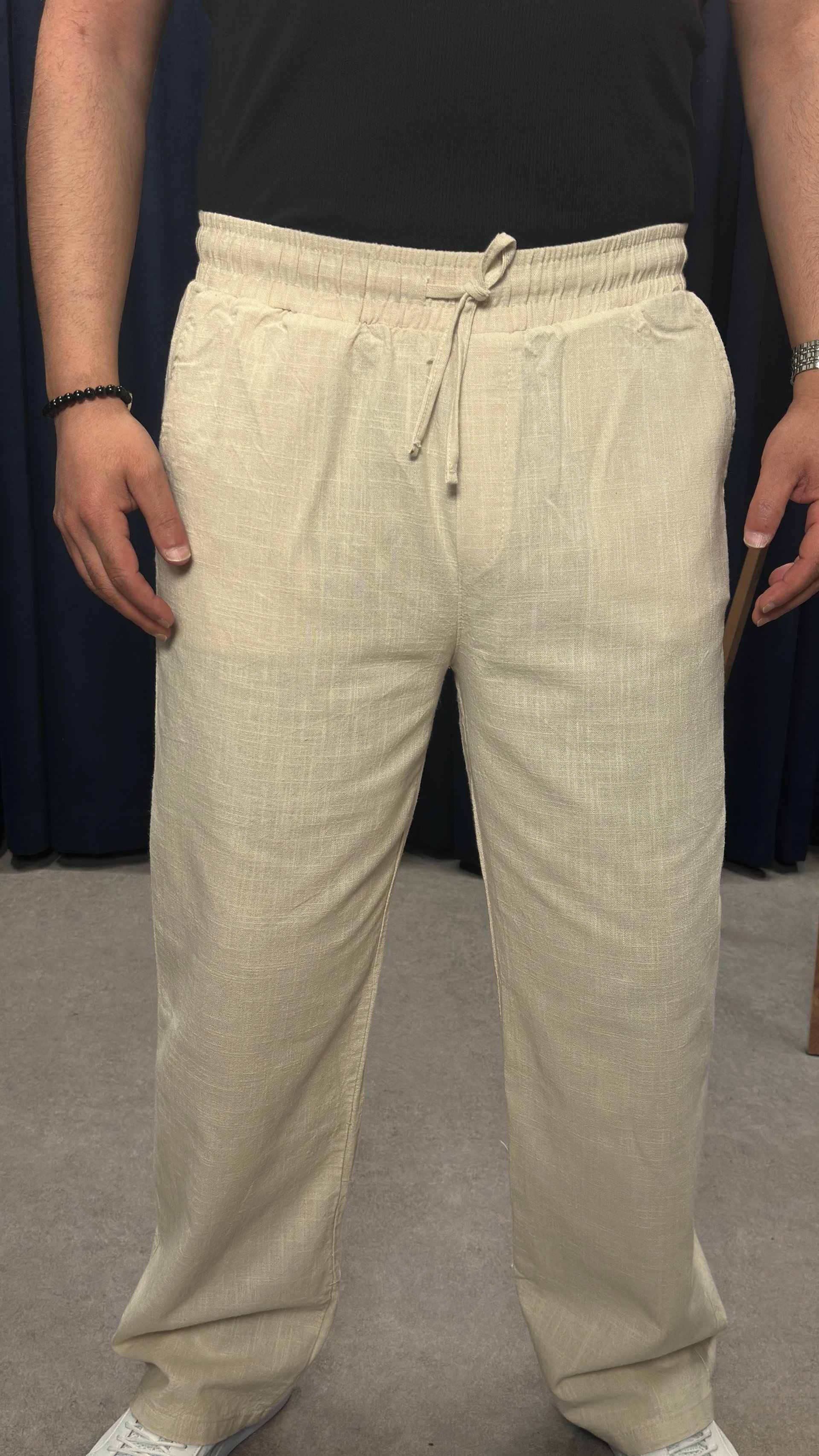 Keten Kumaş Baggy Pantolon Bej