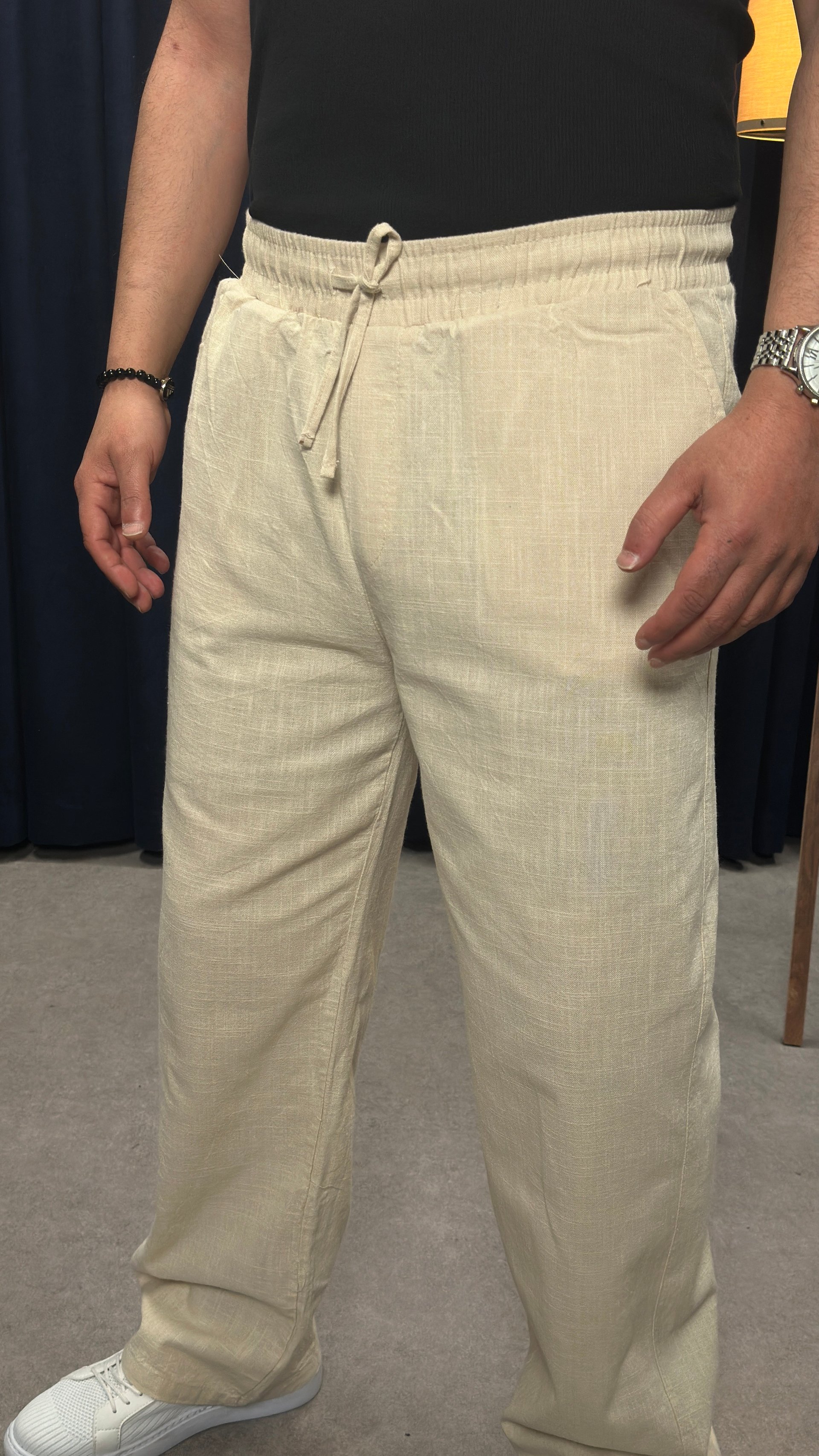 Keten Kumaş Baggy Pantolon Bej