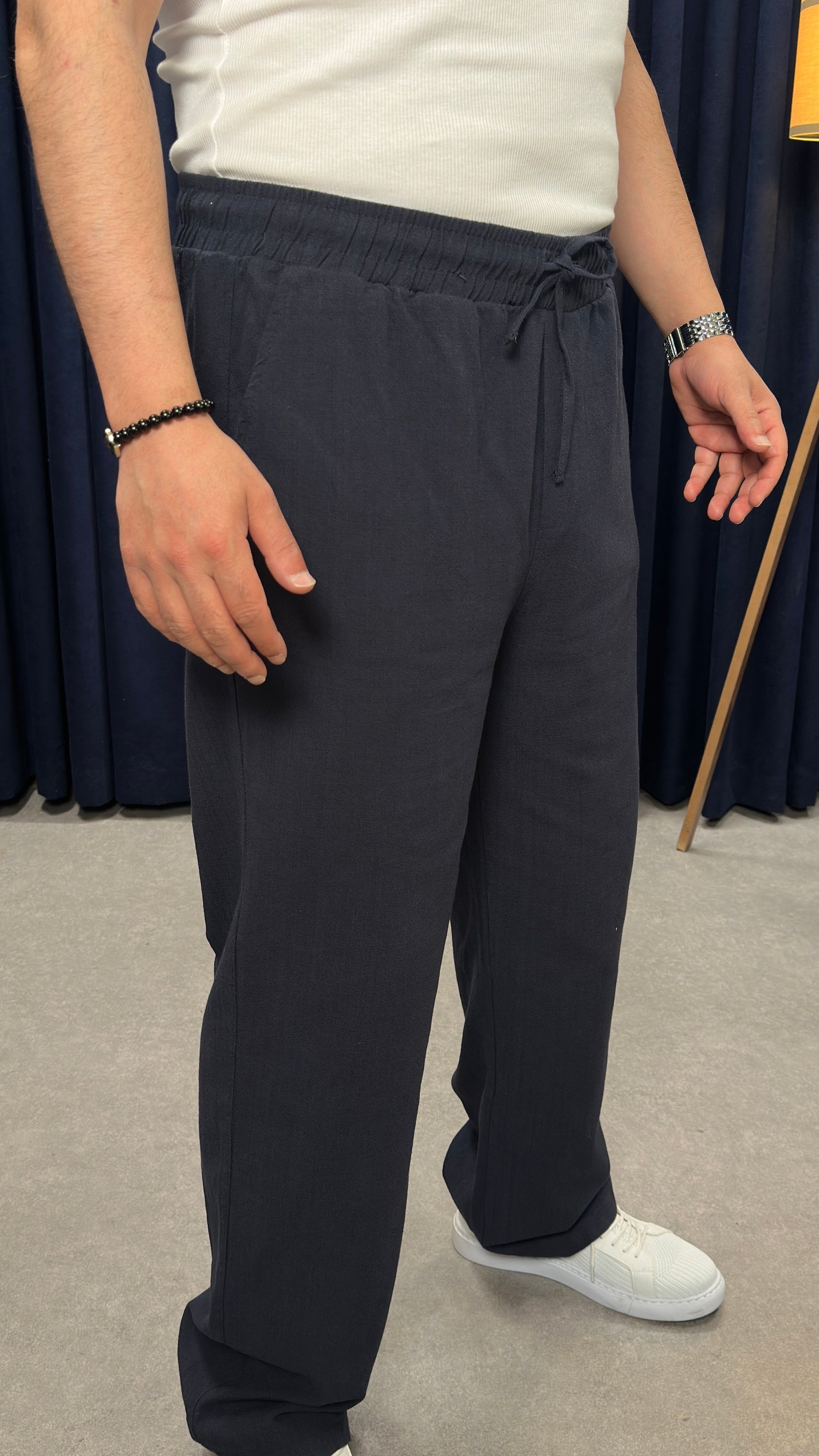 Keten Kumaş Baggy Pantolon Lacivert