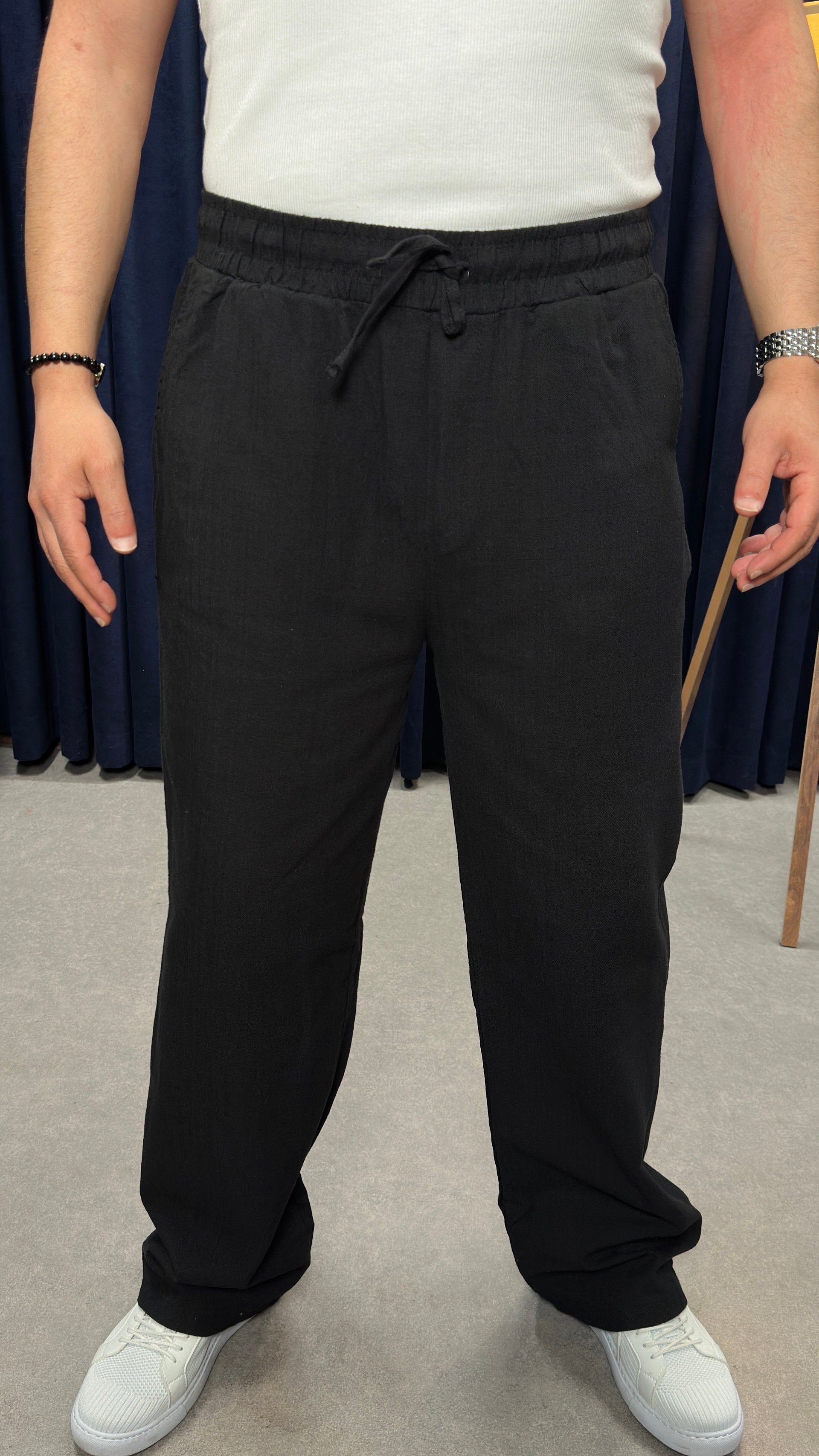 Keten Kumaş Baggy Pantolon Siyah